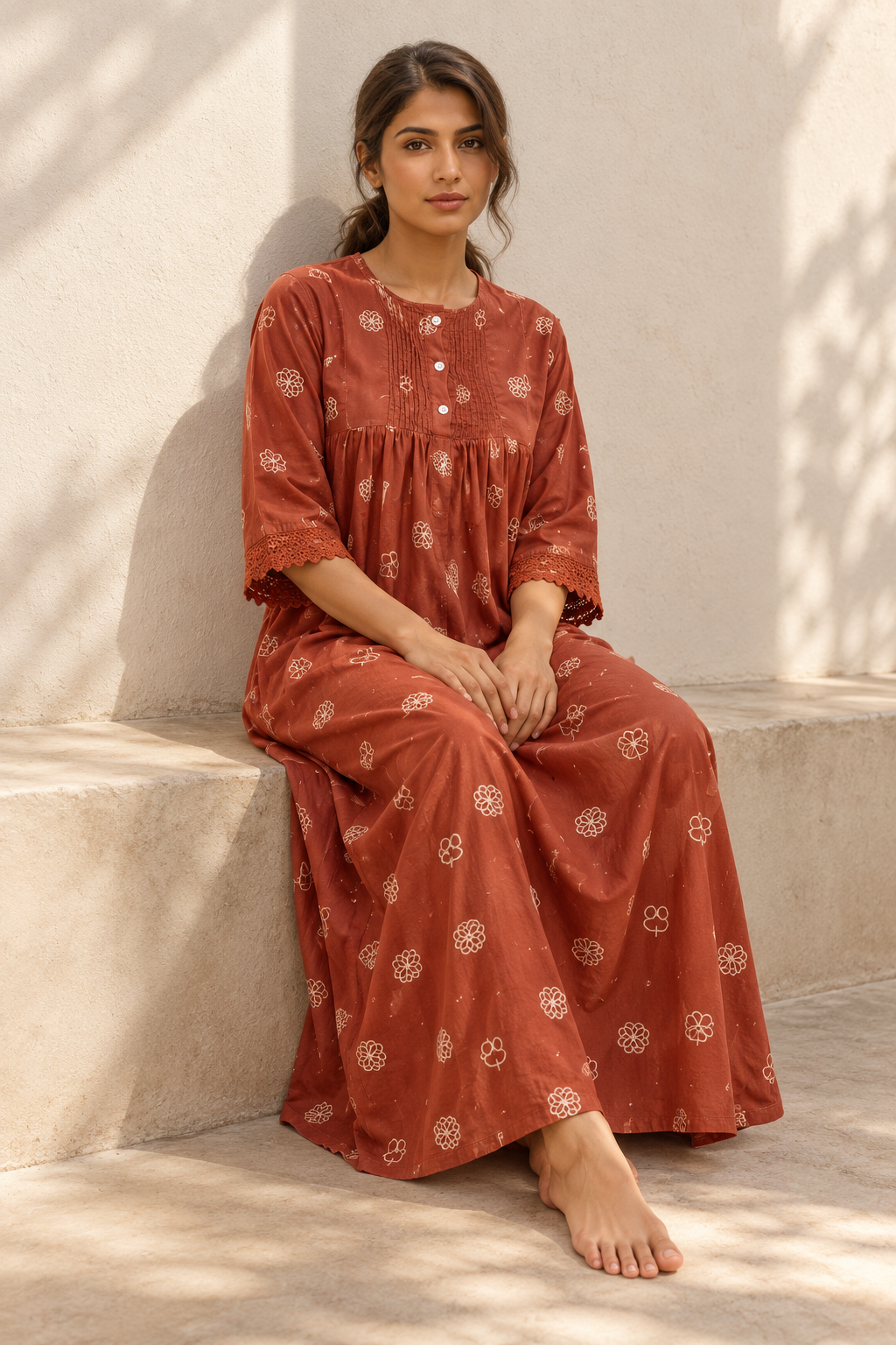 Red Motif Print Pure Cotton Round Neck Maxi Nighty For Women