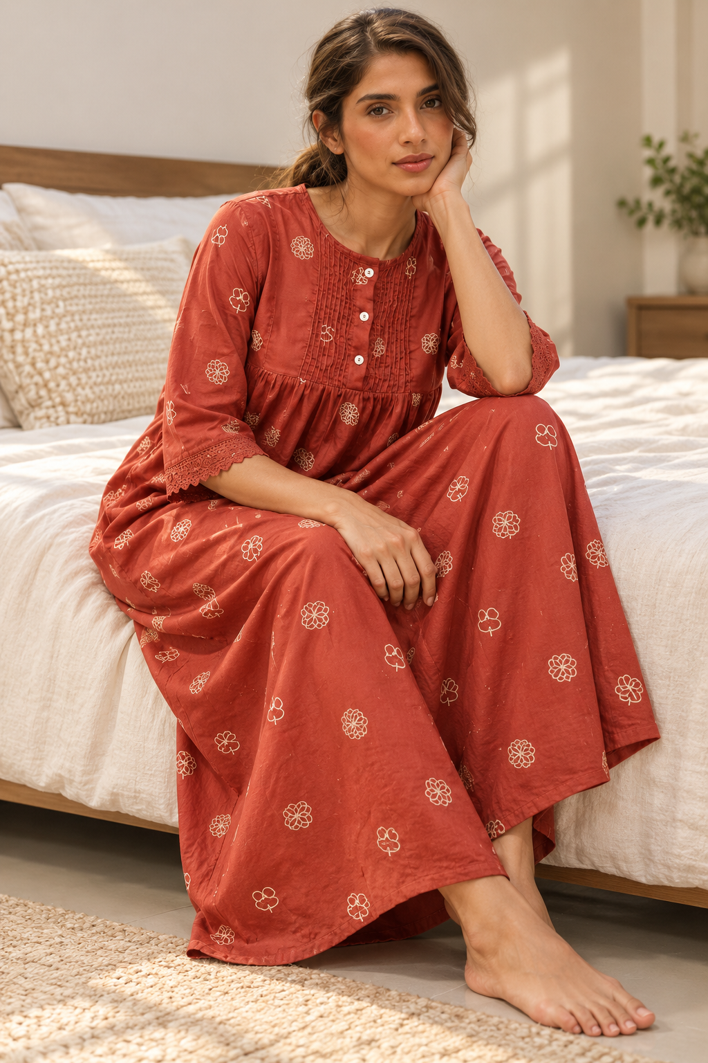 Red Motif Print Pure Cotton Round Neck Maxi Nighty For Women