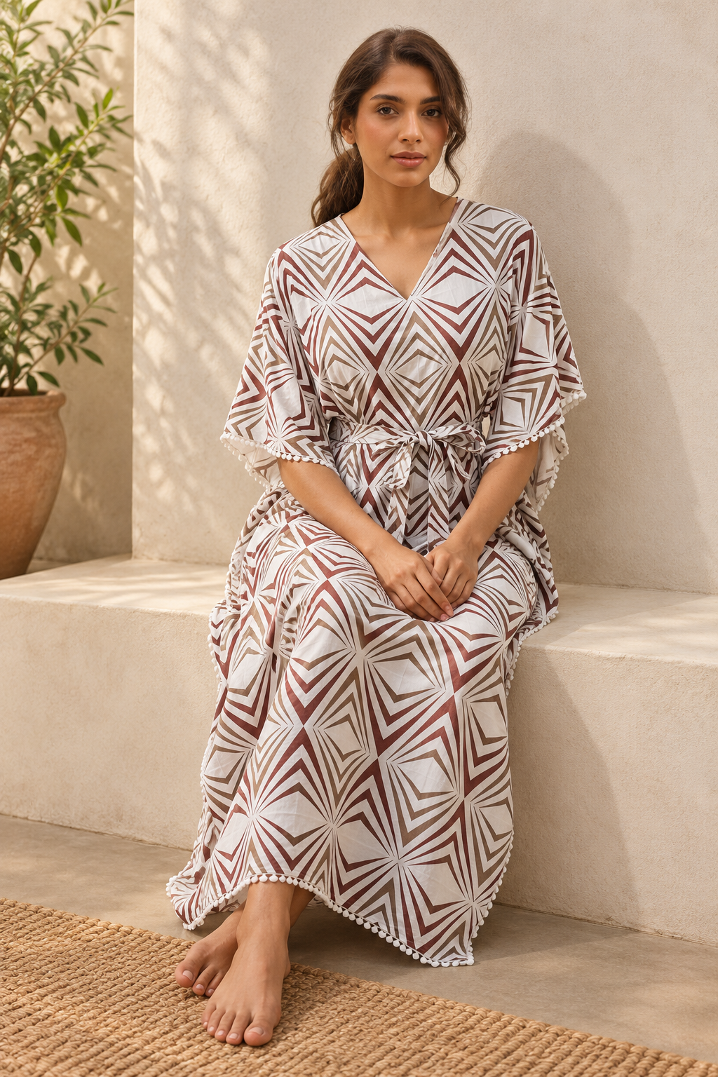 Brown Geometric Pure Cotton V-Neck Half Sleeve Maxi Kaftan Nighty For Women