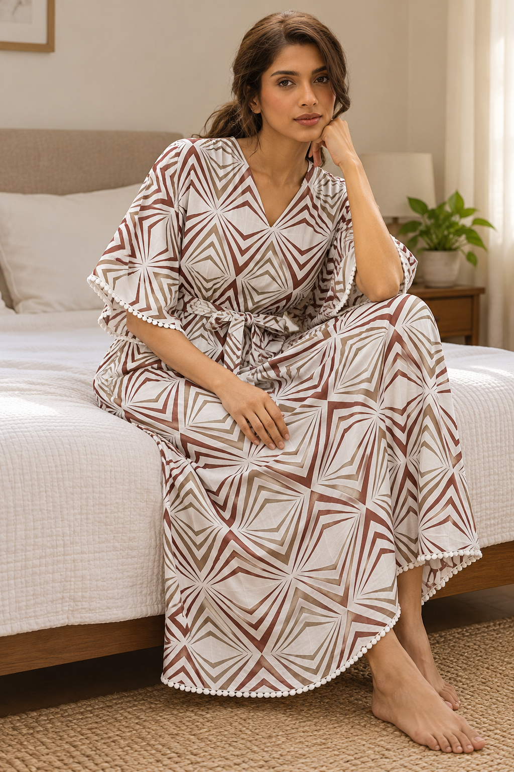Brown Geometric Pure Cotton V-Neck Half Sleeve Maxi Kaftan Nighty For Women