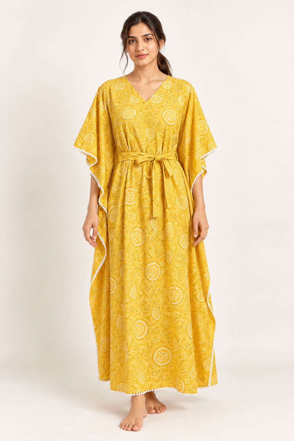 Yellow Ethnic Print Pure Cotton V-Neck Maxi Kaftan Nighty For Women