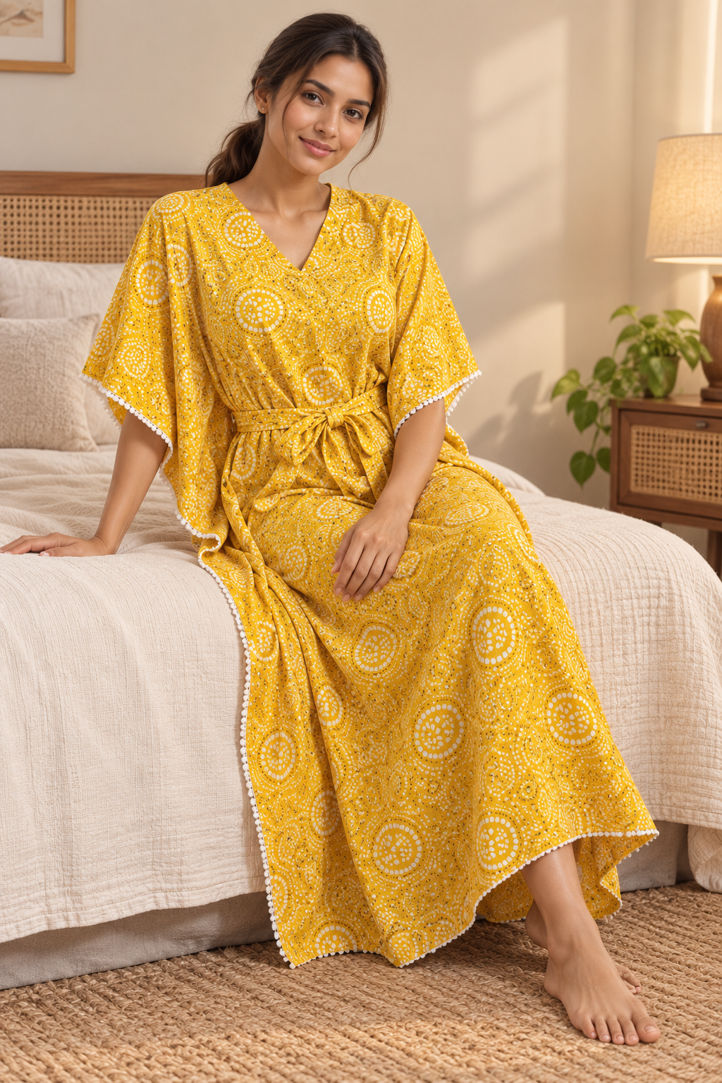 Yellow Ethnic Print Pure Cotton V-Neck Maxi Kaftan Nighty For Women