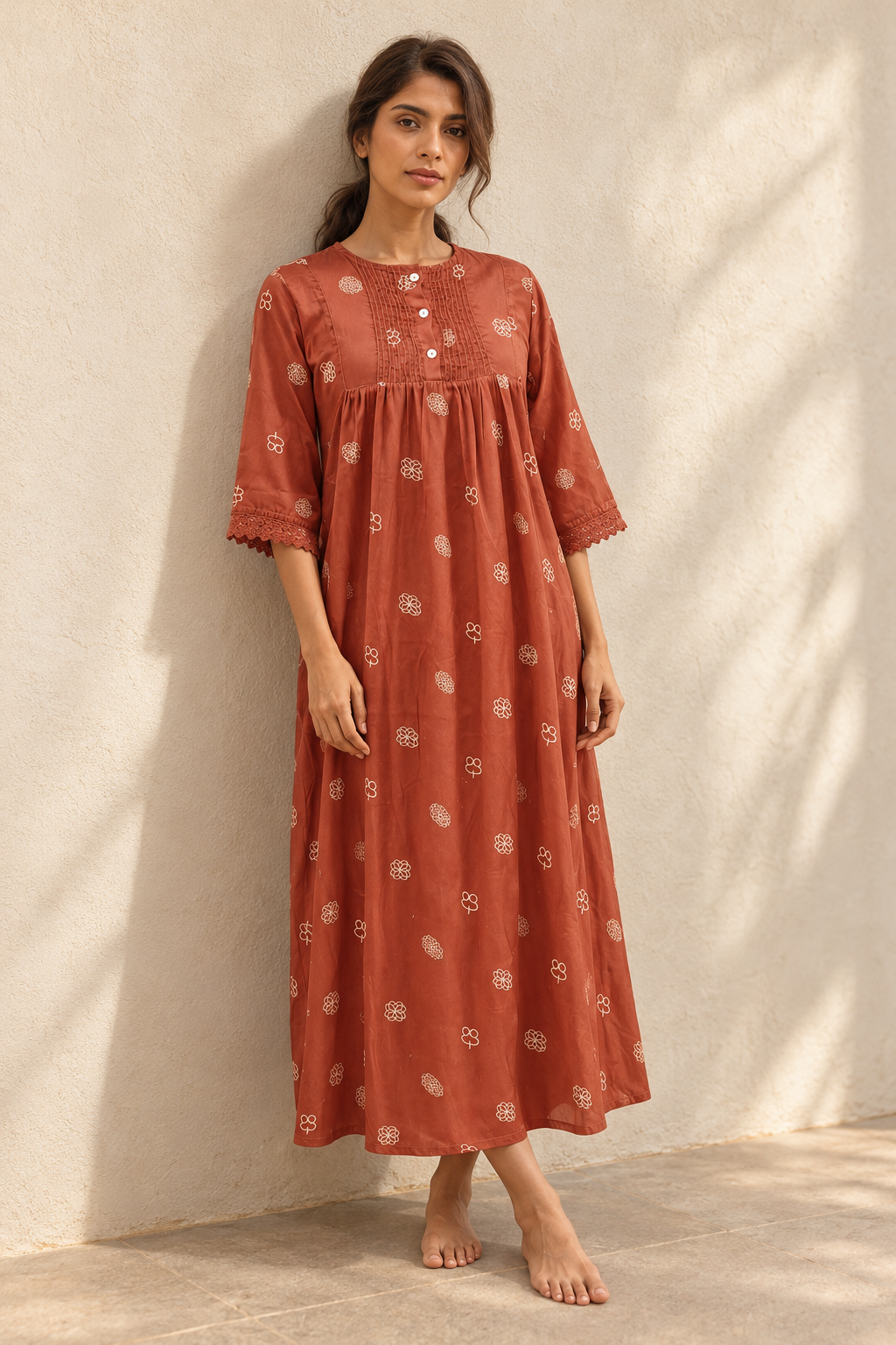 Red Motif Print Pure Cotton Round Neck Maxi Nighty For Women