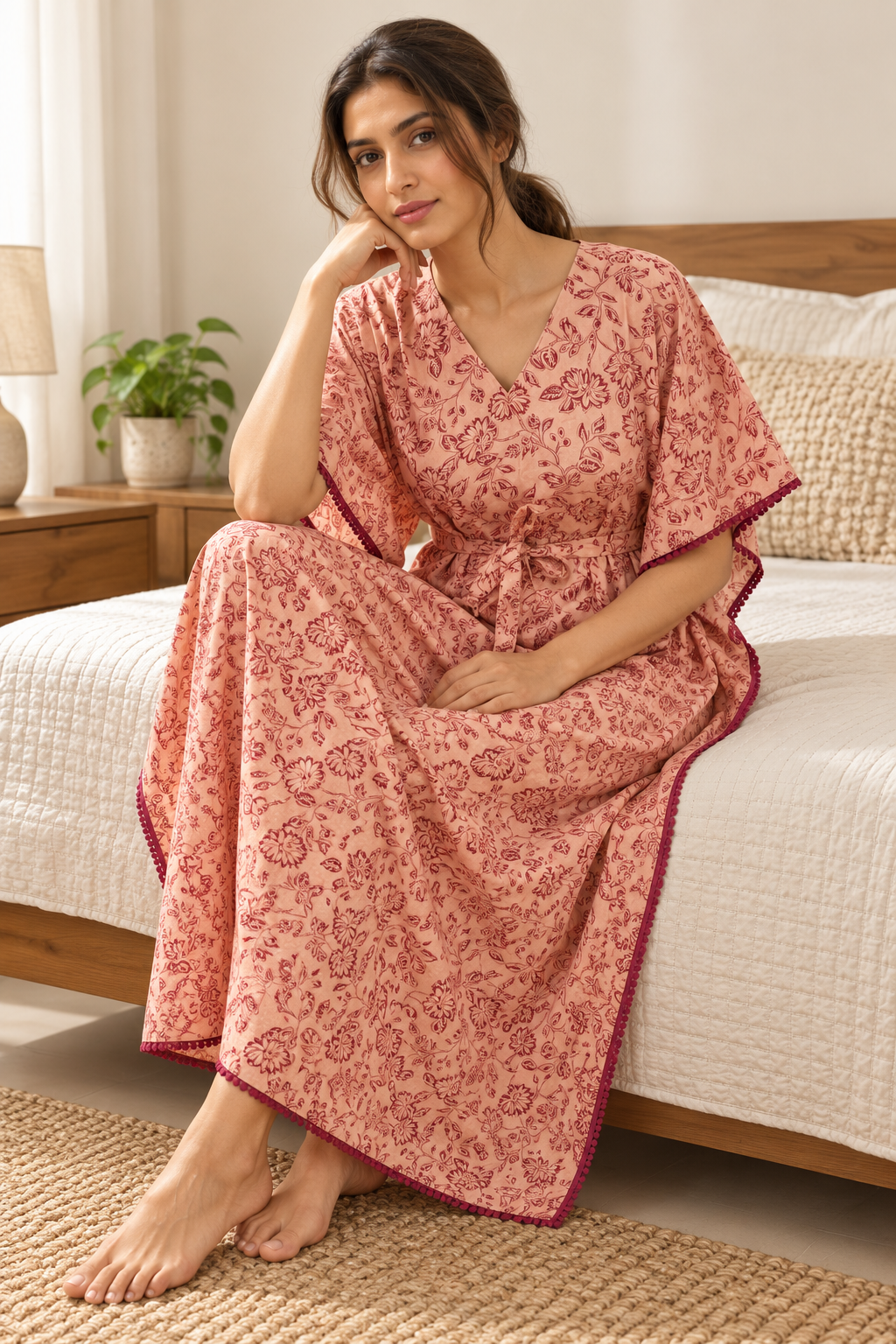 Red Floral Pure Cotton V-Neck Maxi Kaftan Nighty For Women