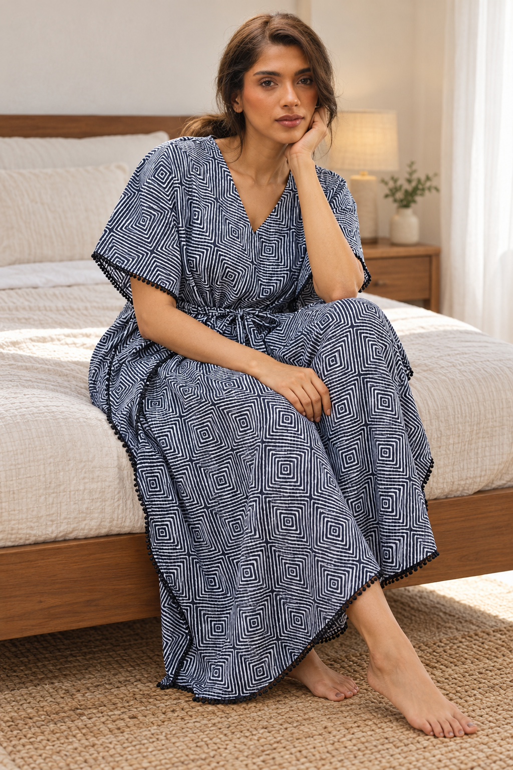 Navy Abstract Print V-Neck Maxi Kaftan Pure Cotton Nighty For Women