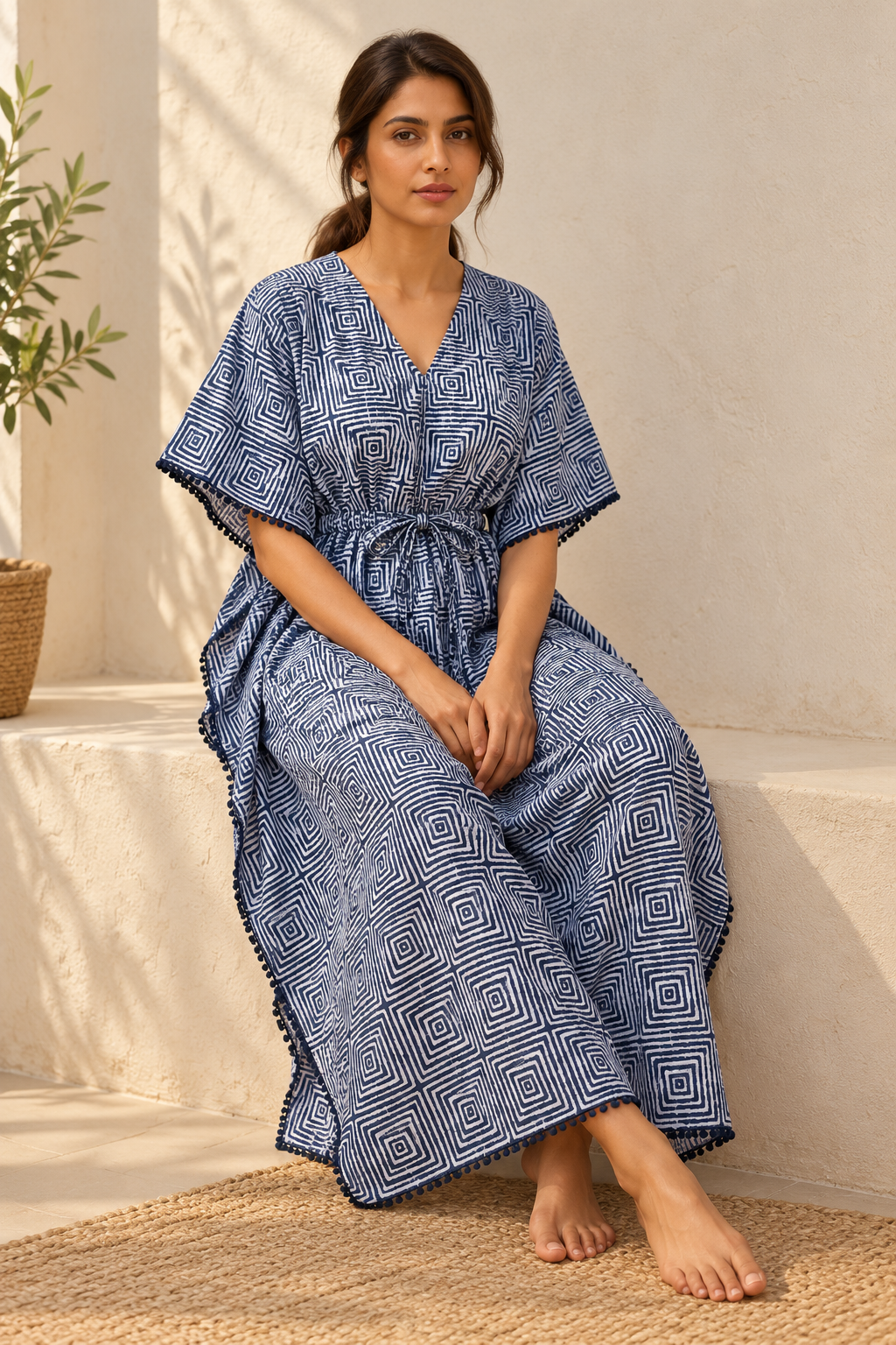 Navy Abstract Print V-Neck Maxi Kaftan Pure Cotton Nighty For Women