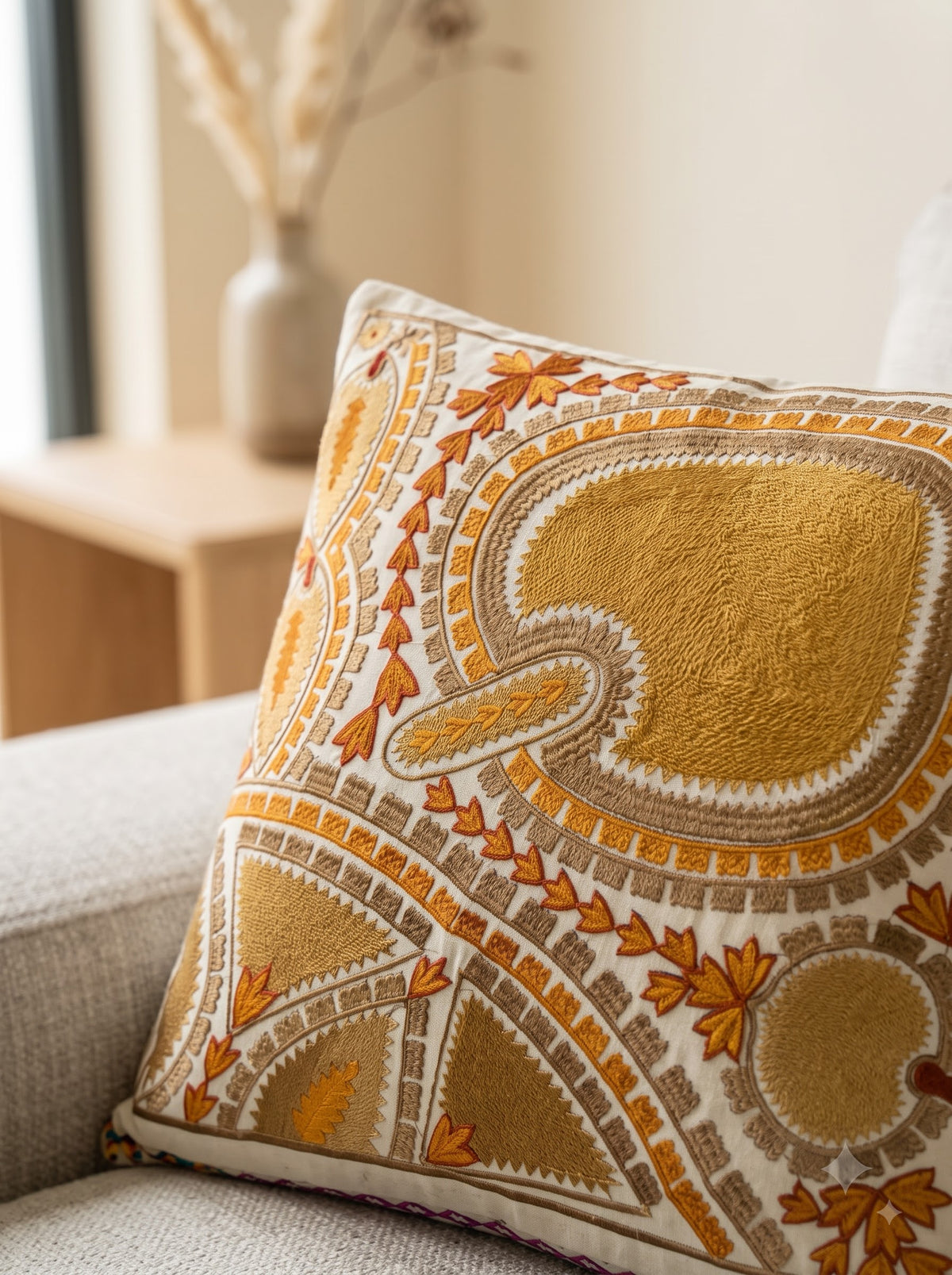 Mustard Geometric Cotton Bohemian Hand-Embroidered Square Cushion Cover