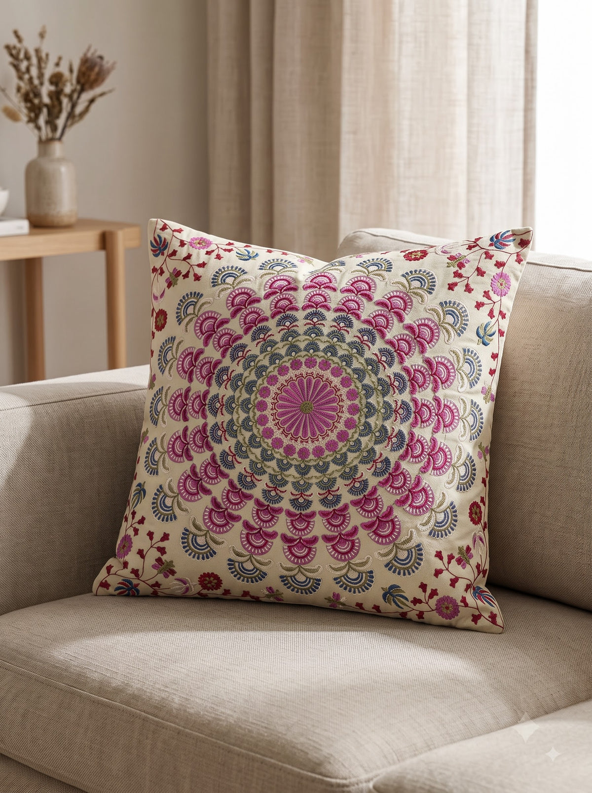 White Cotton Bohemian Hand-Embroidered Mandala Cushion Cover