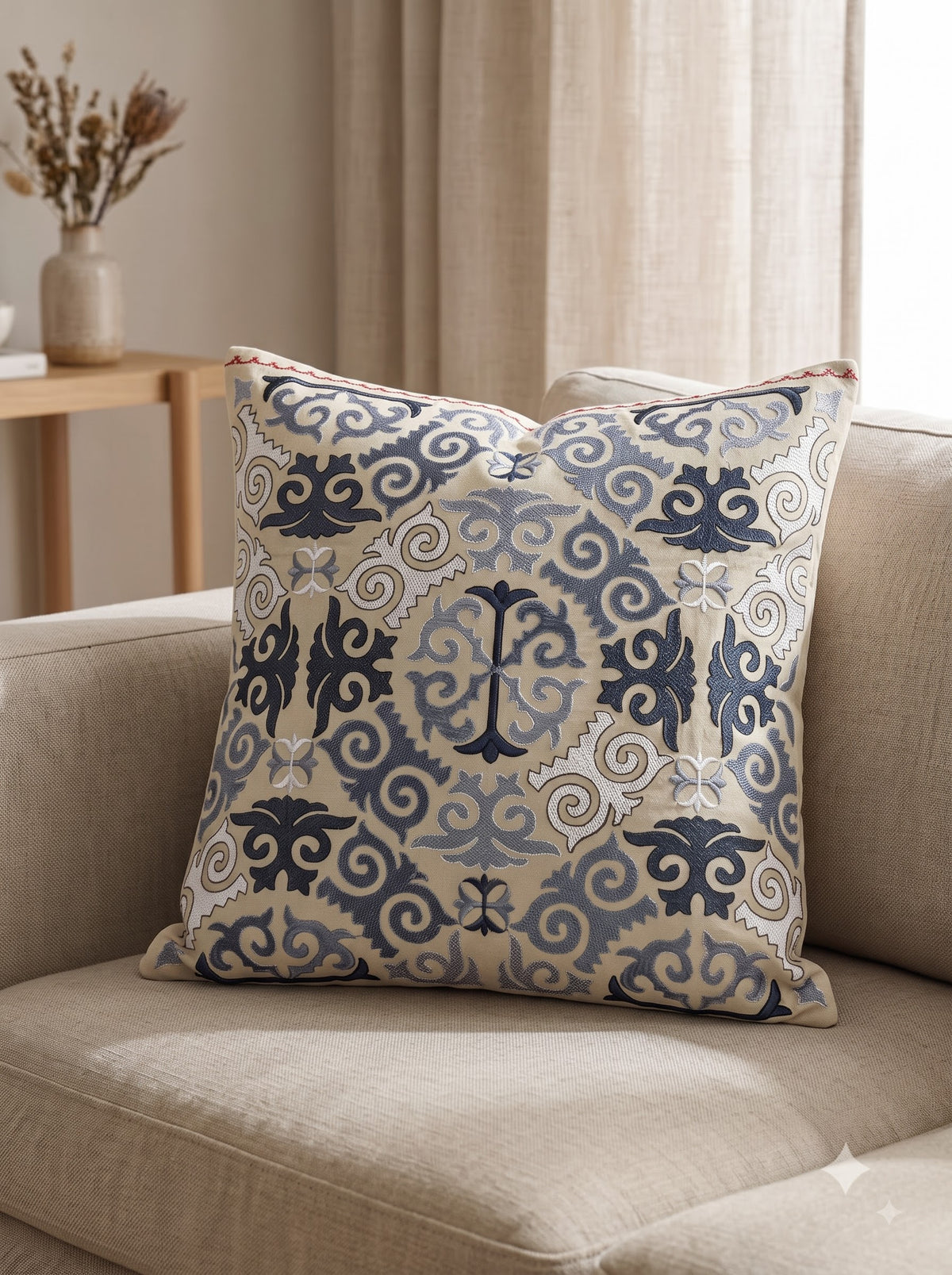 Beige Pure Cotton Damask Embroidered Decorative Cushion Cover