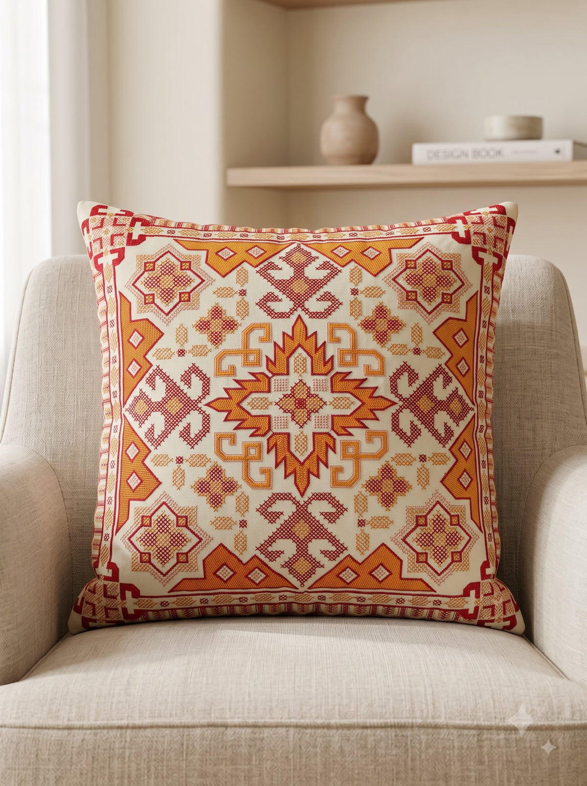 Orange Pure Cotton Vibrant Tribal Geometric Embroidered Decorative Cushion Cover