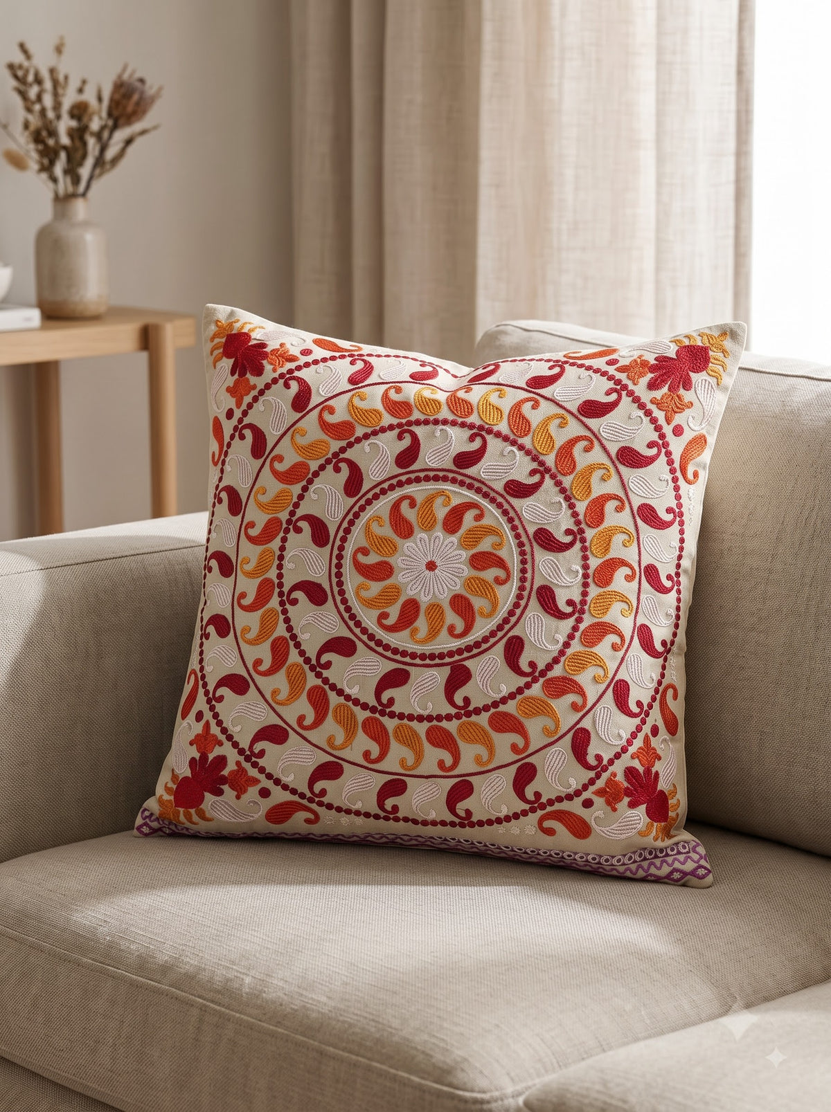 Multicolor Pure Cotton Paisley Mandala Embroidered Decorative Cushion Cover