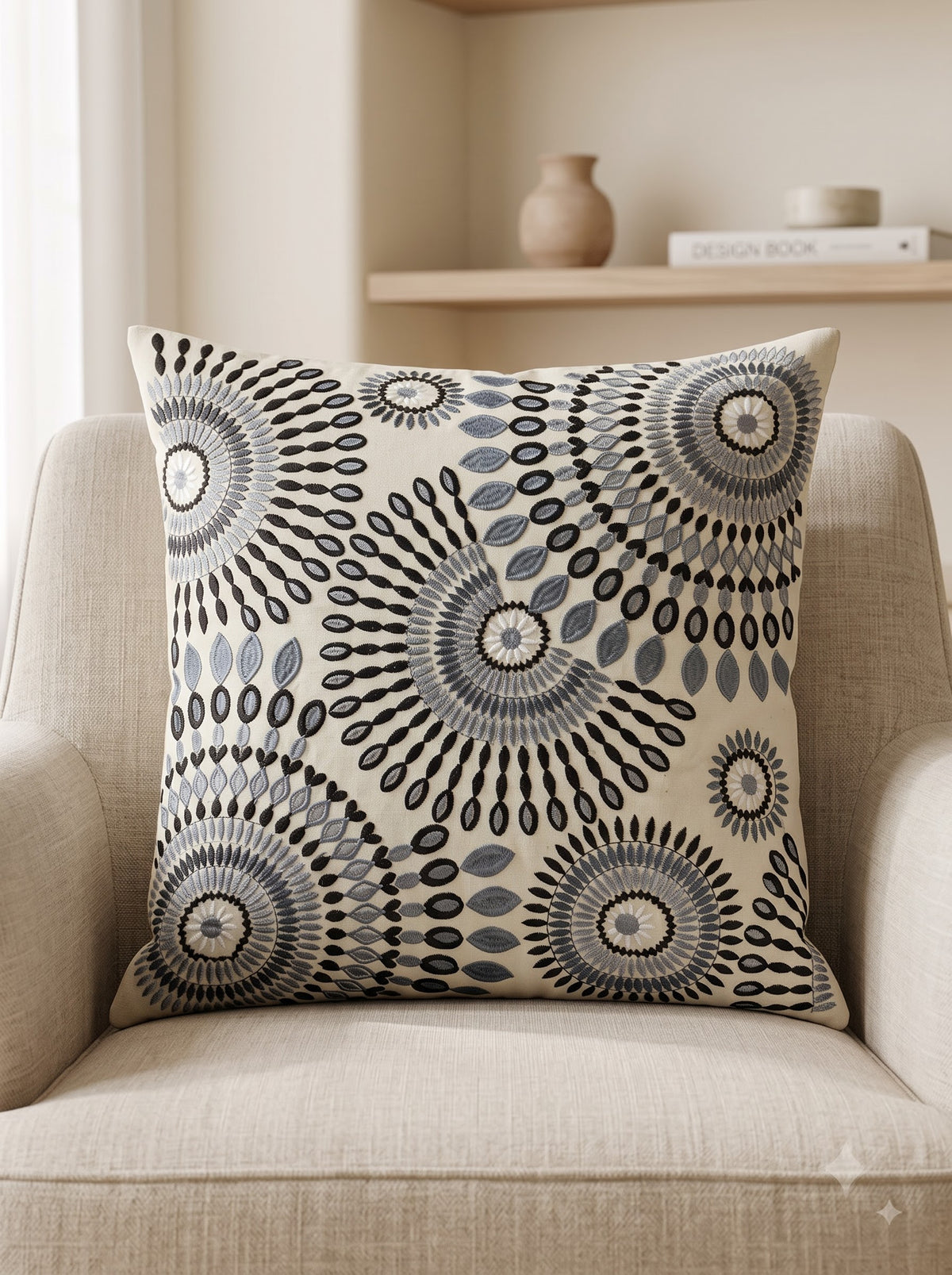 Grey Cotton Floral Sunburst Embroidered Decorative Cushion Cover
