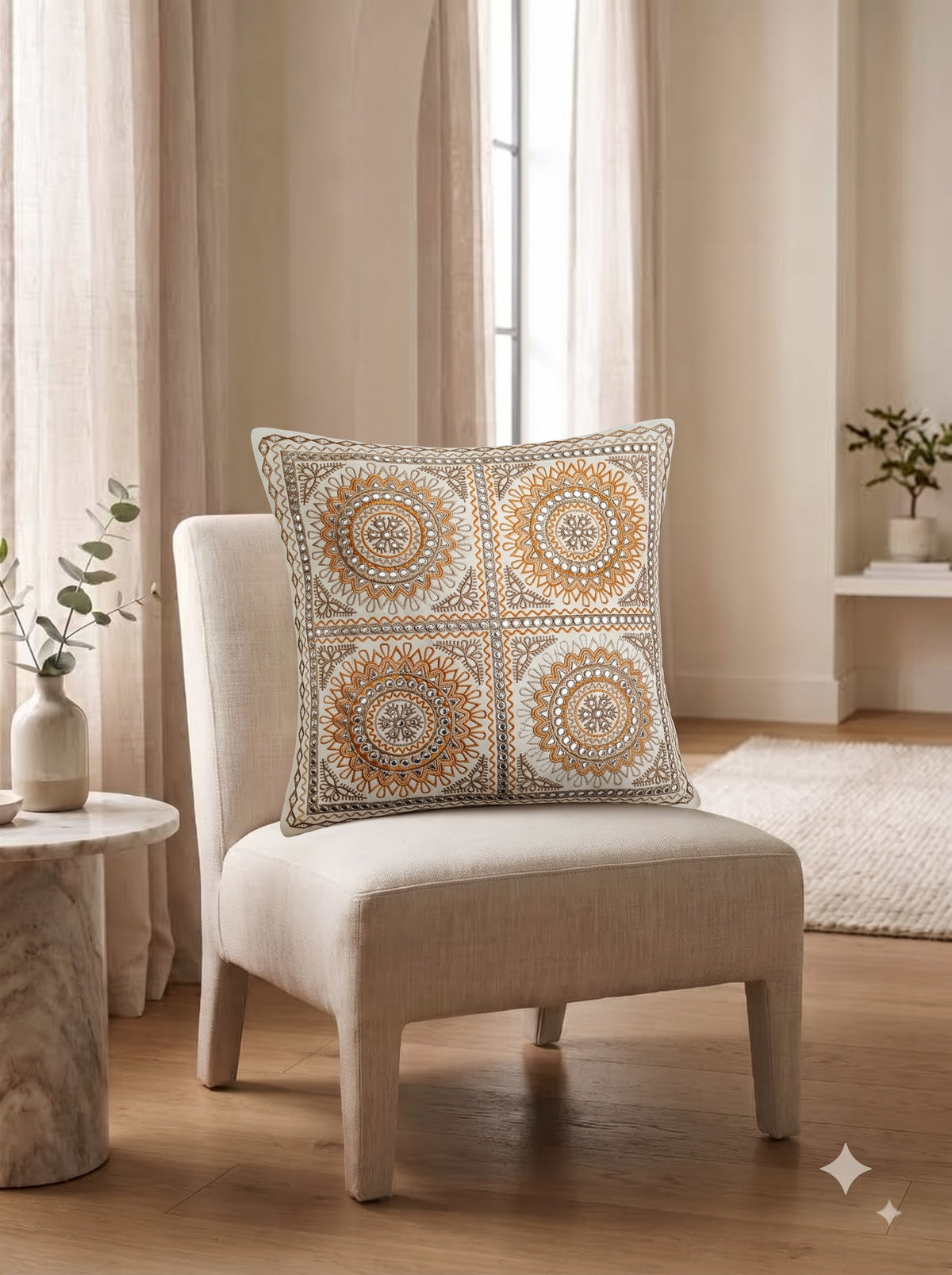 Mustard Cotton Mandala Tile Mirror Work Embroidered Decorative Cushion Cover