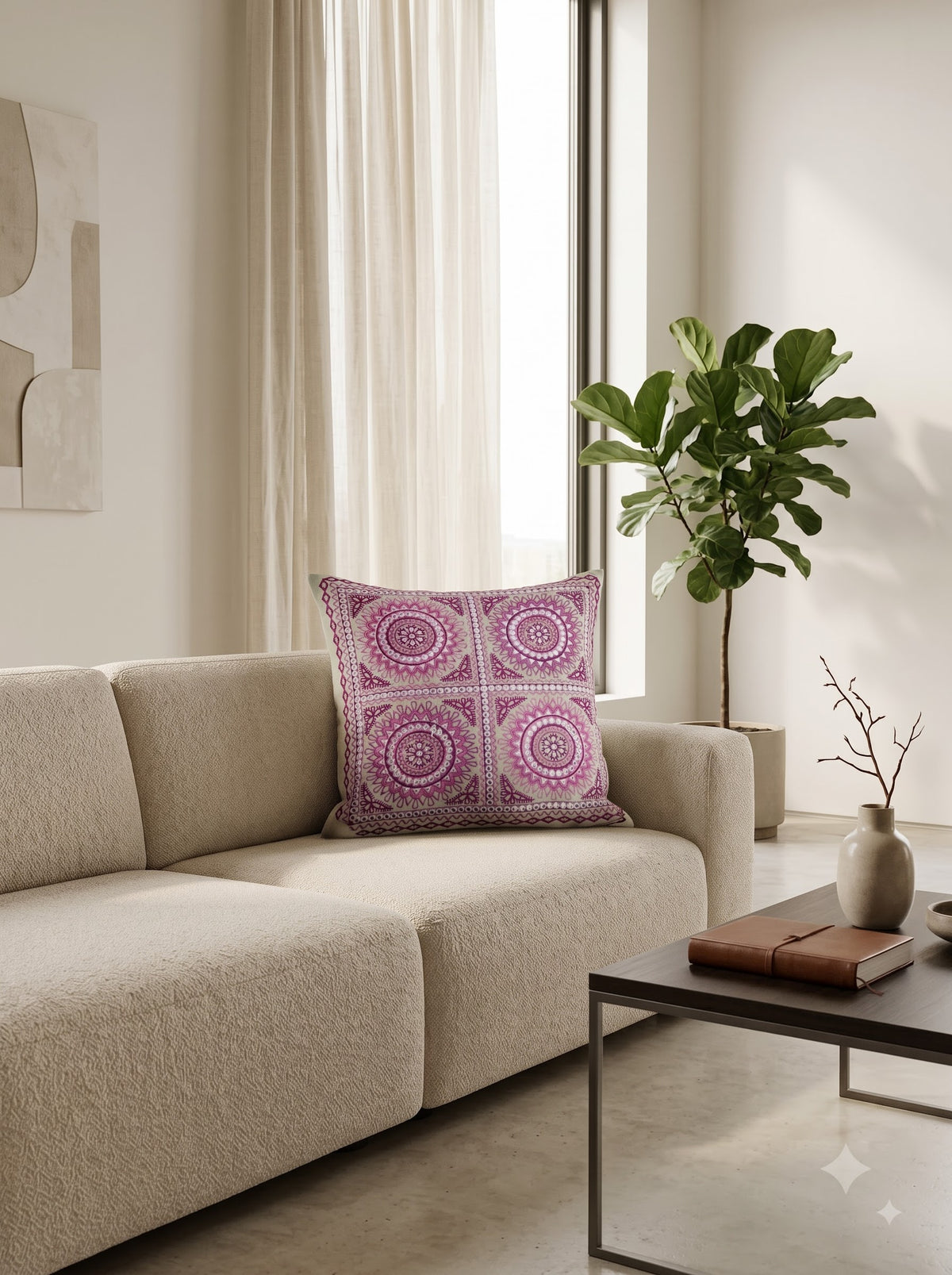 Pink Pure Cotton Mandala Tile Embroidered Decorative Cushion Cover