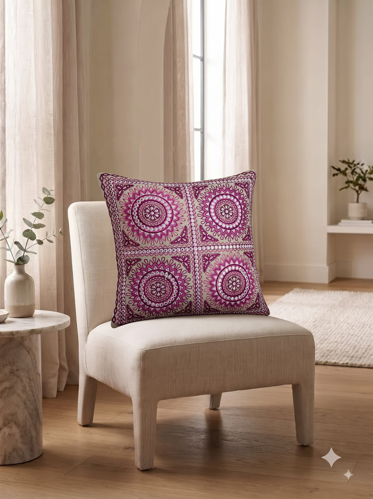 Pink Pure Cotton Mandala Tile Embroidered Decorative Cushion Cover