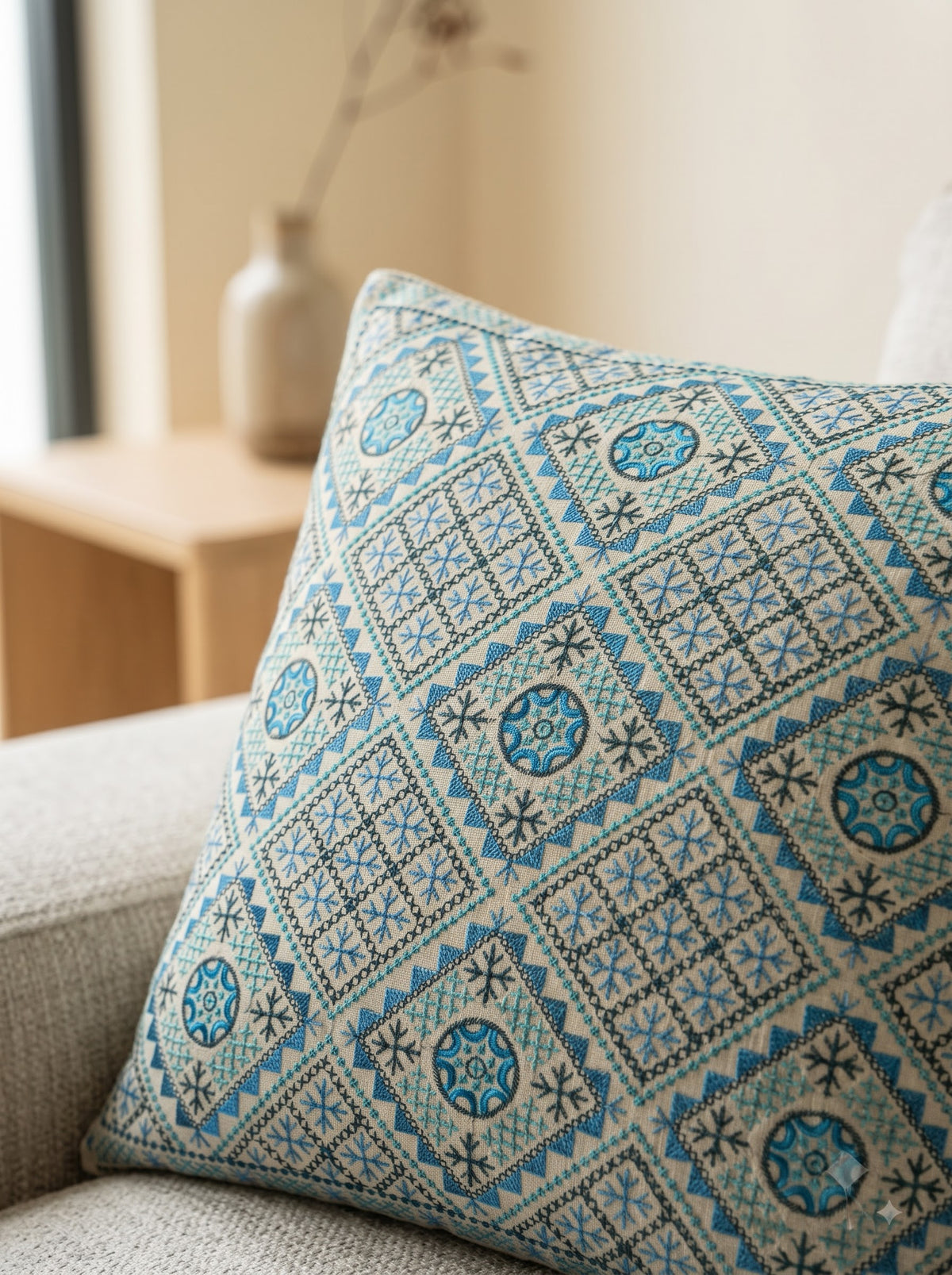 Blue Cotton Tribal Geometric Embroidered Decorative Cushion Cover