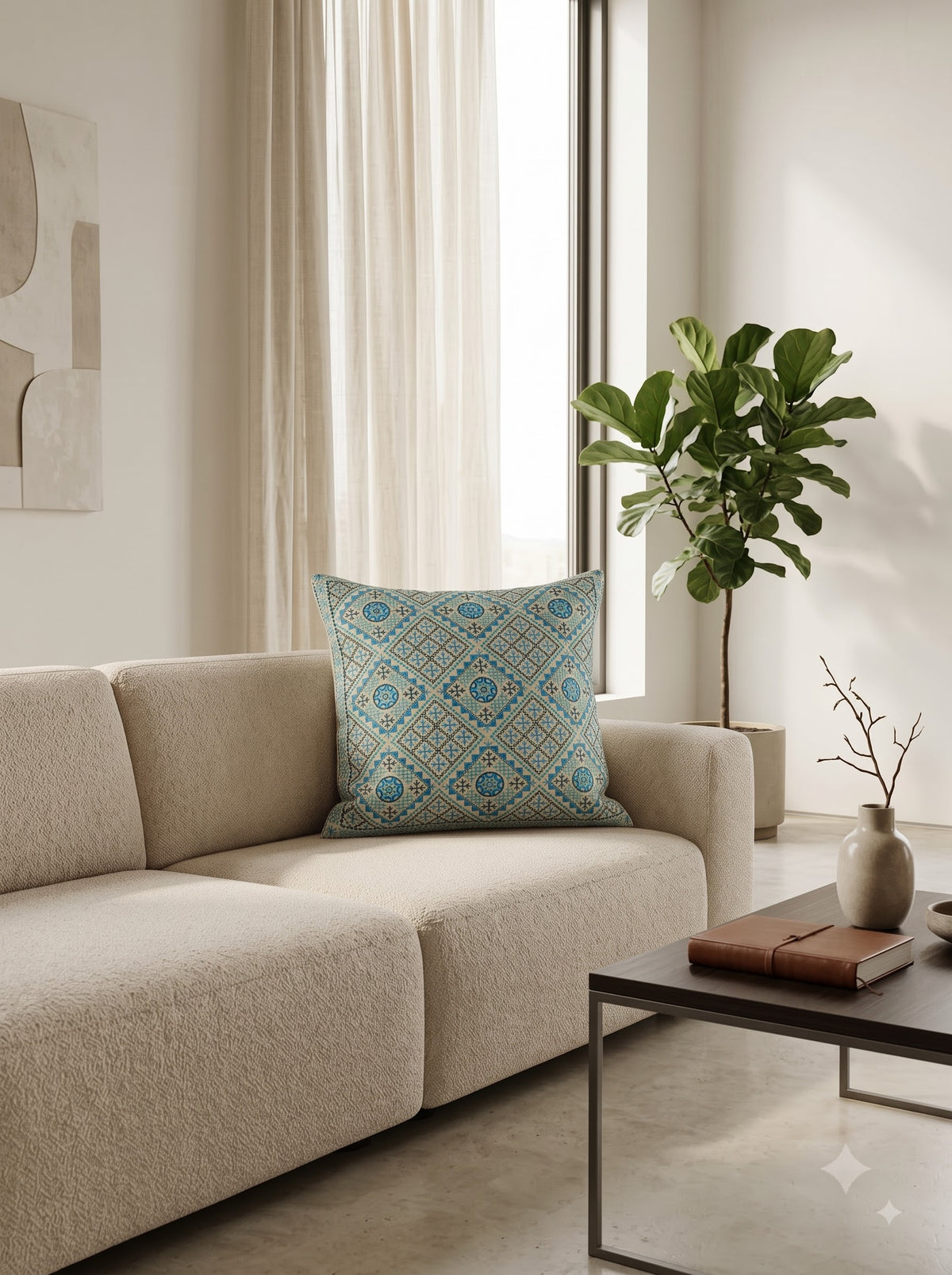 Blue Cotton Tribal Geometric Embroidered Decorative Cushion Cover