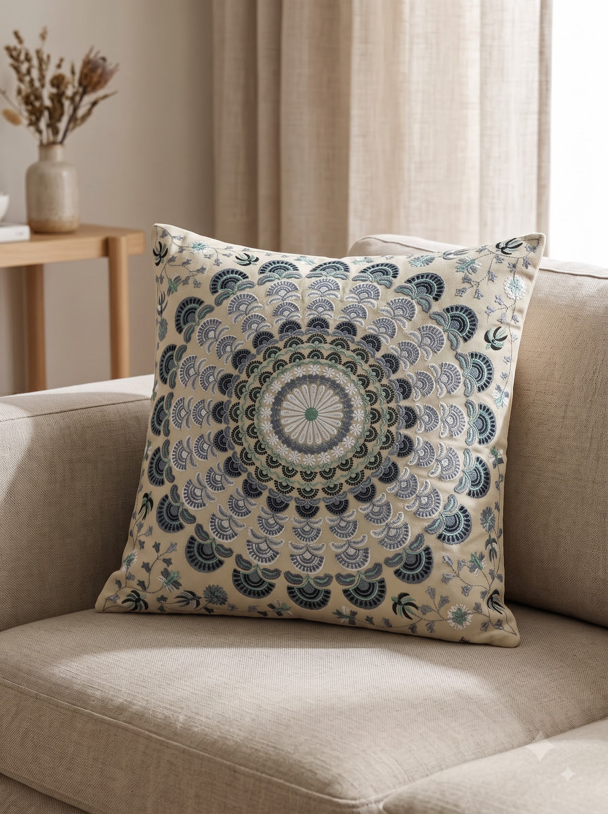 Off White Cotton Scalloped Mandala Floral Embroidered Decorative Cushion Cover