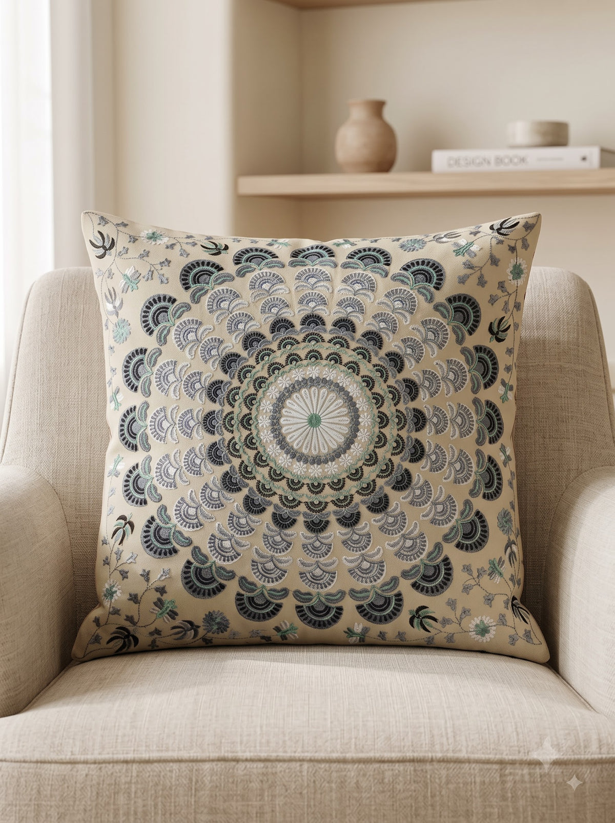 Off White Cotton Scalloped Mandala Floral Embroidered Decorative Cushion Cover