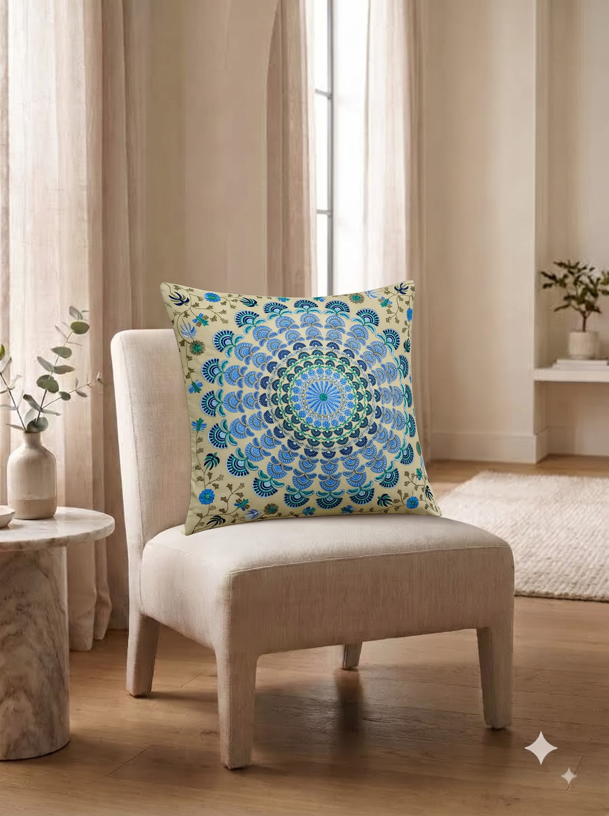 Blue Cotton Hand-Embroidered Bohemian Mandala Square Cushion Cover