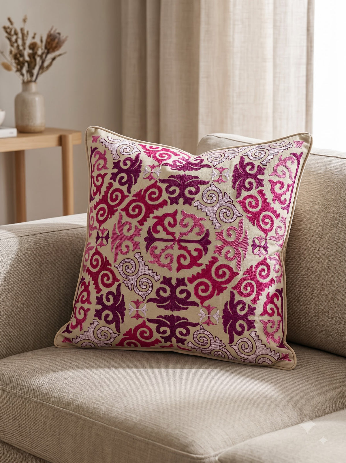 Pink Cotton Damask Medallion Embroidered Decorative Cushion Cover