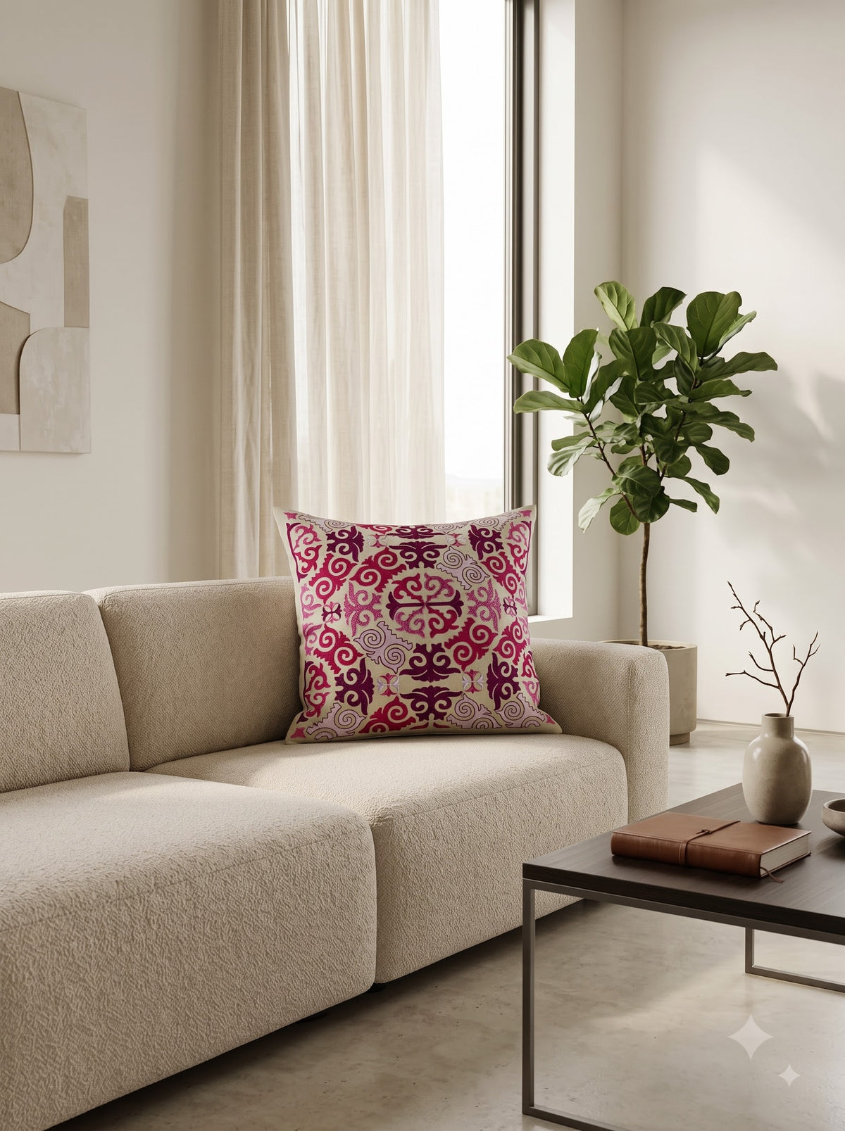 Pink Cotton Damask Medallion Embroidered Decorative Cushion Cover