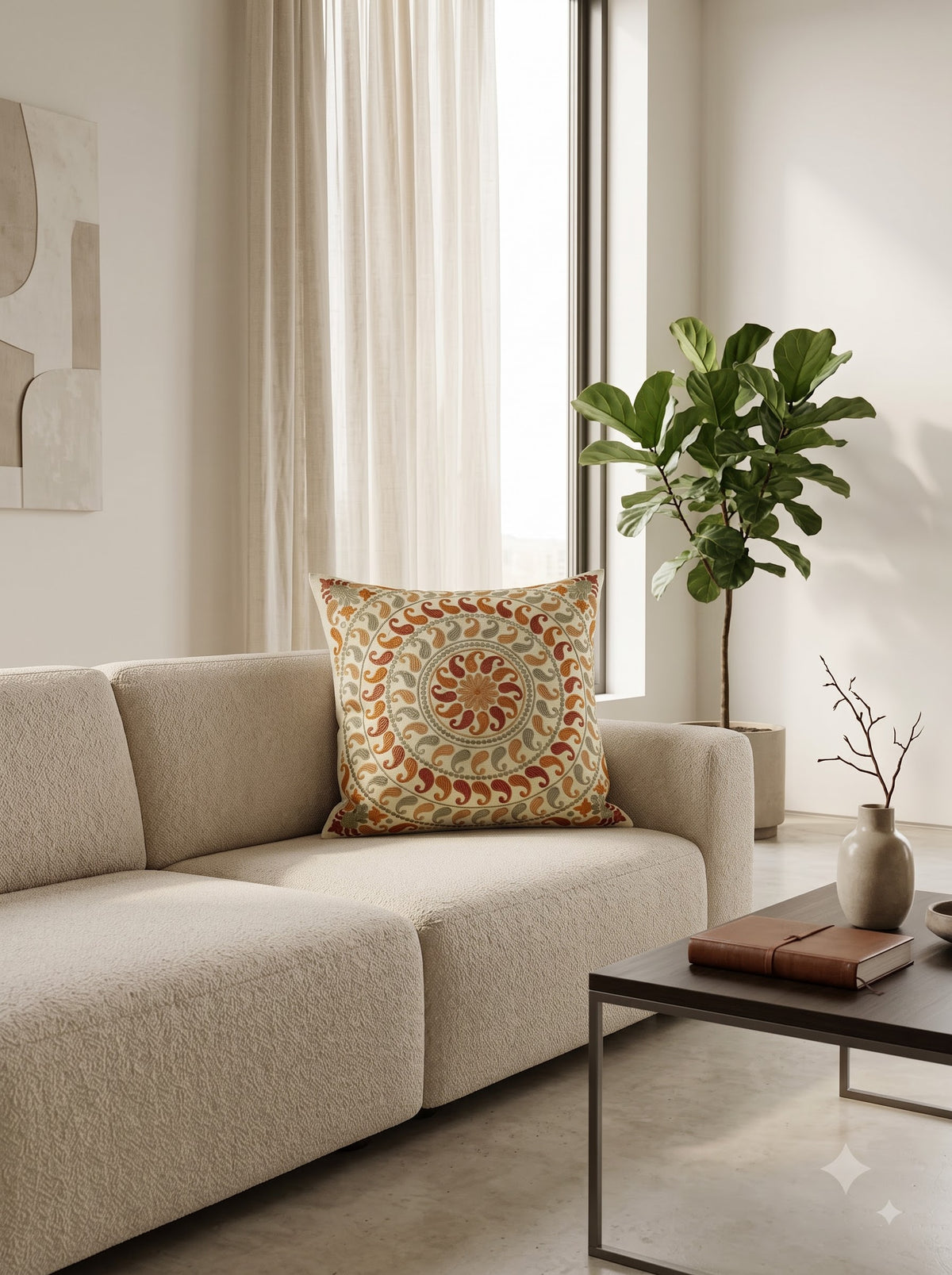 Orange Multi Cotton Paisley Mandala Embroidered Decorative Cushion Cover