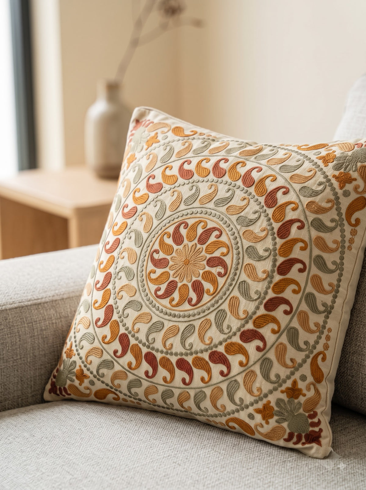 Orange Multi Cotton Paisley Mandala Embroidered Decorative Cushion Cover