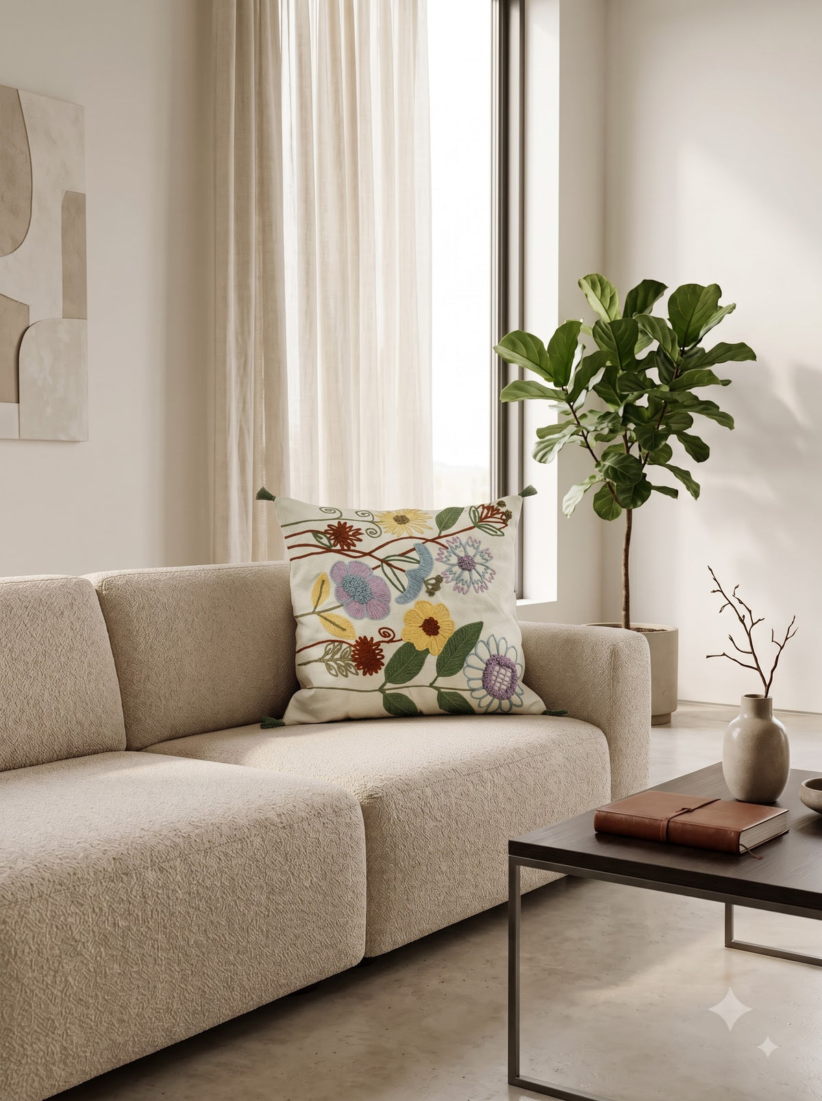 Beige Cotton Embroidered Wildflower Botanical Cushion Cover With Corner Tassels