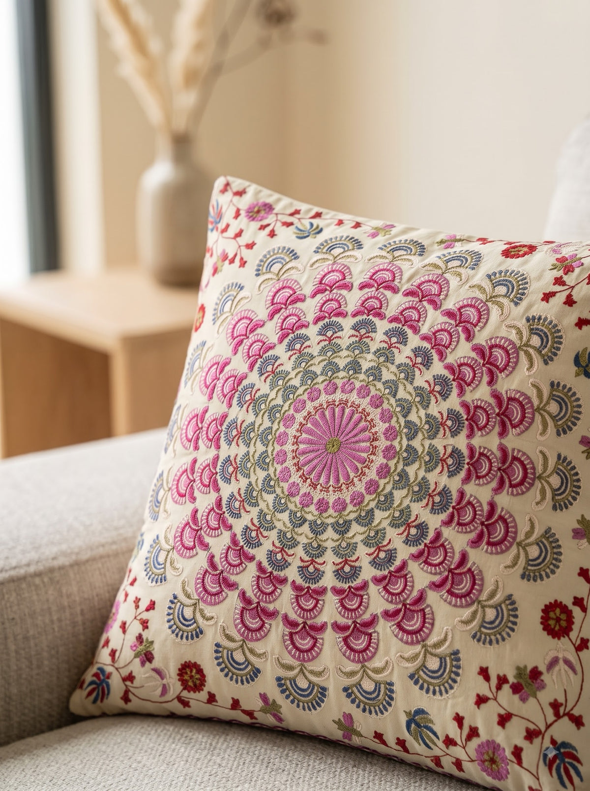 White Cotton Bohemian Hand-Embroidered Mandala Cushion Cover