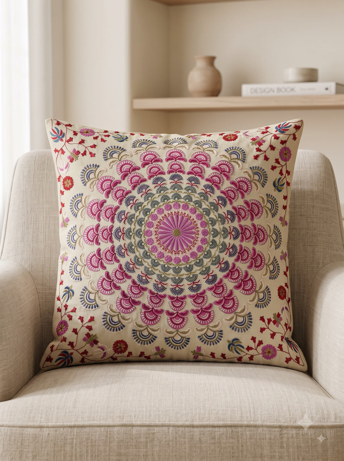White Cotton Bohemian Hand-Embroidered Mandala Cushion Cover