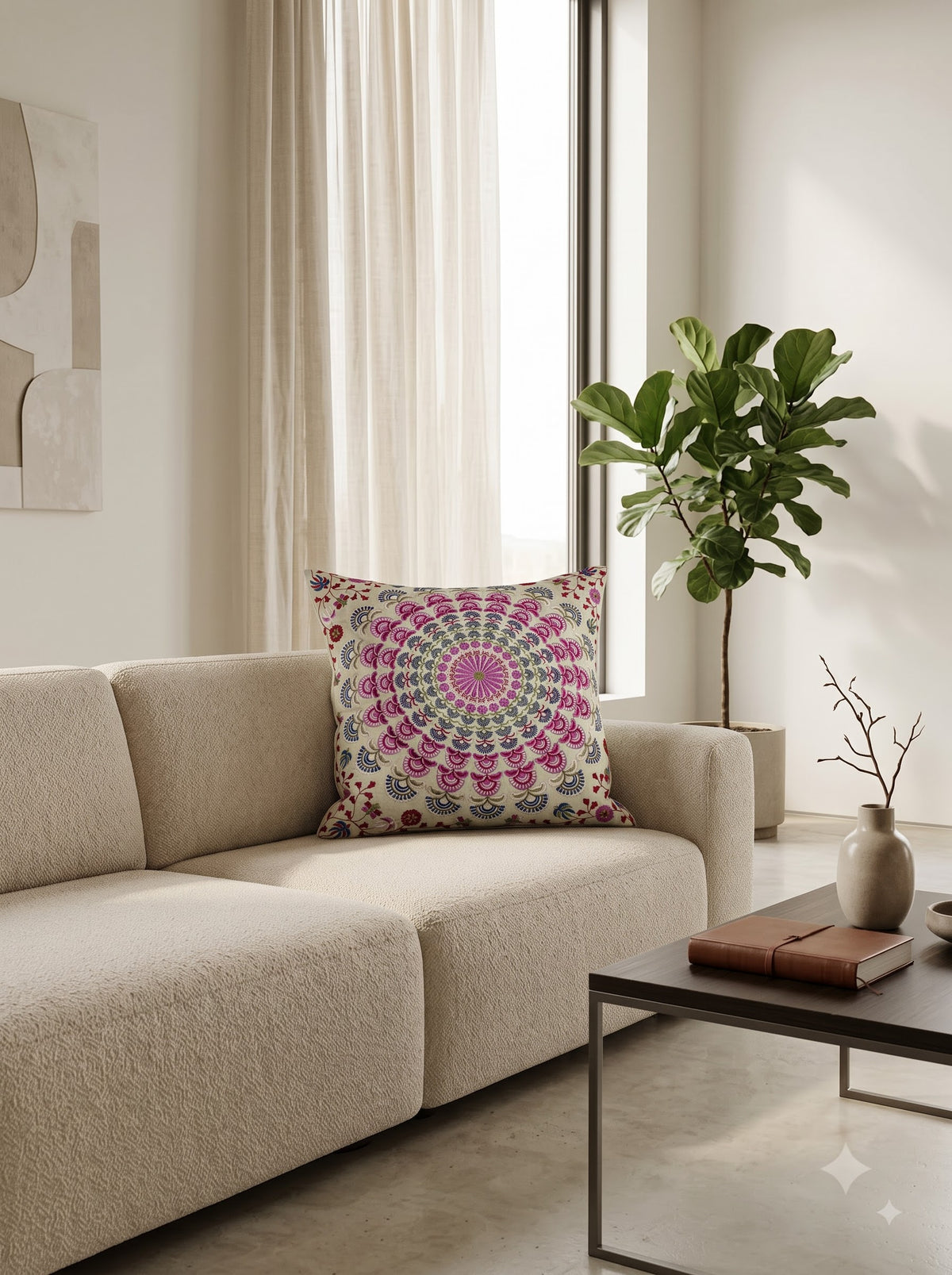 White Cotton Bohemian Hand-Embroidered Mandala Cushion Cover