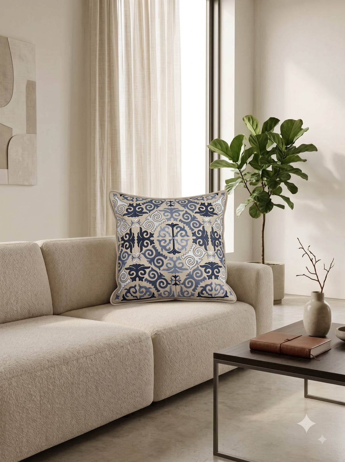 Beige Pure Cotton Damask Embroidered Decorative Cushion Cover
