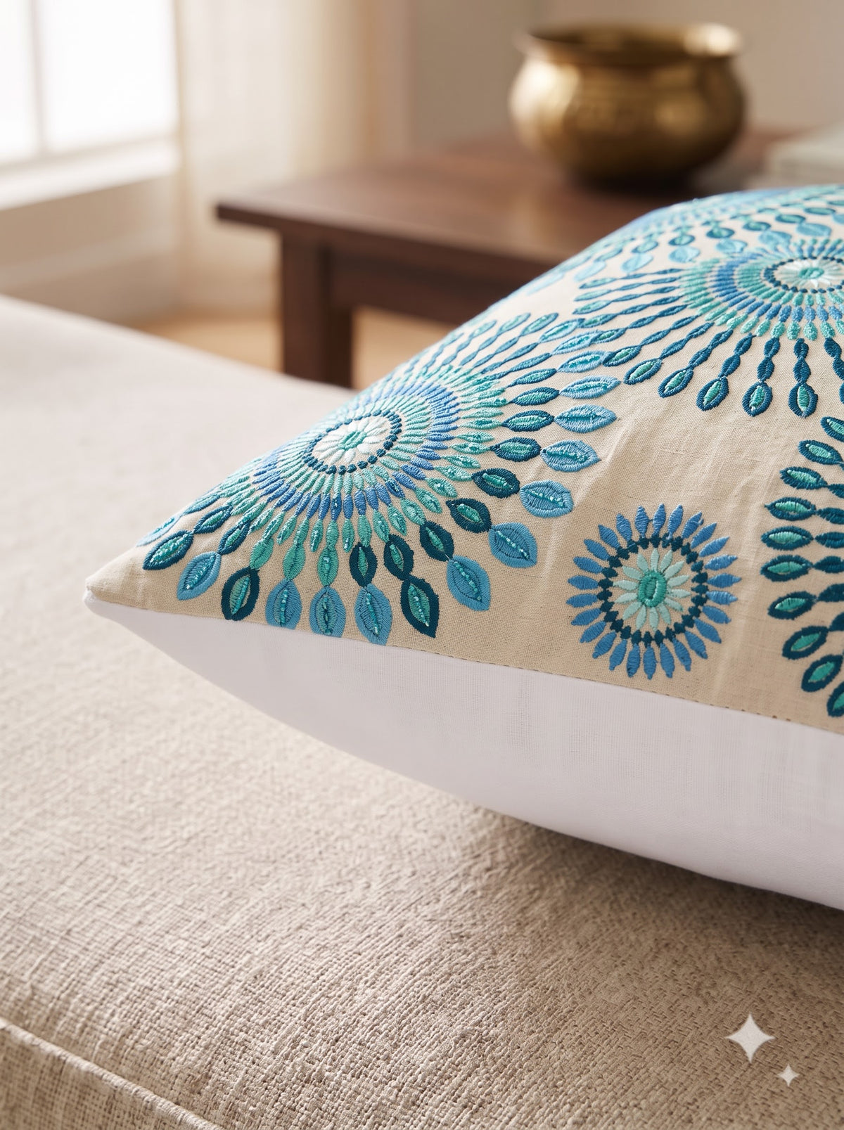 Blue Hand-Embroidered Cotton Bohemian Square Cushion Cover