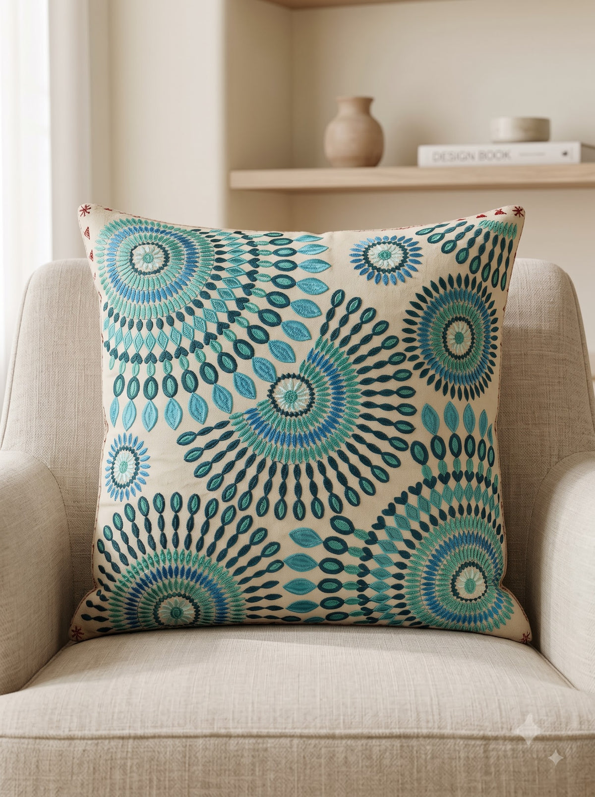 Blue Hand-Embroidered Cotton Bohemian Square Cushion Cover