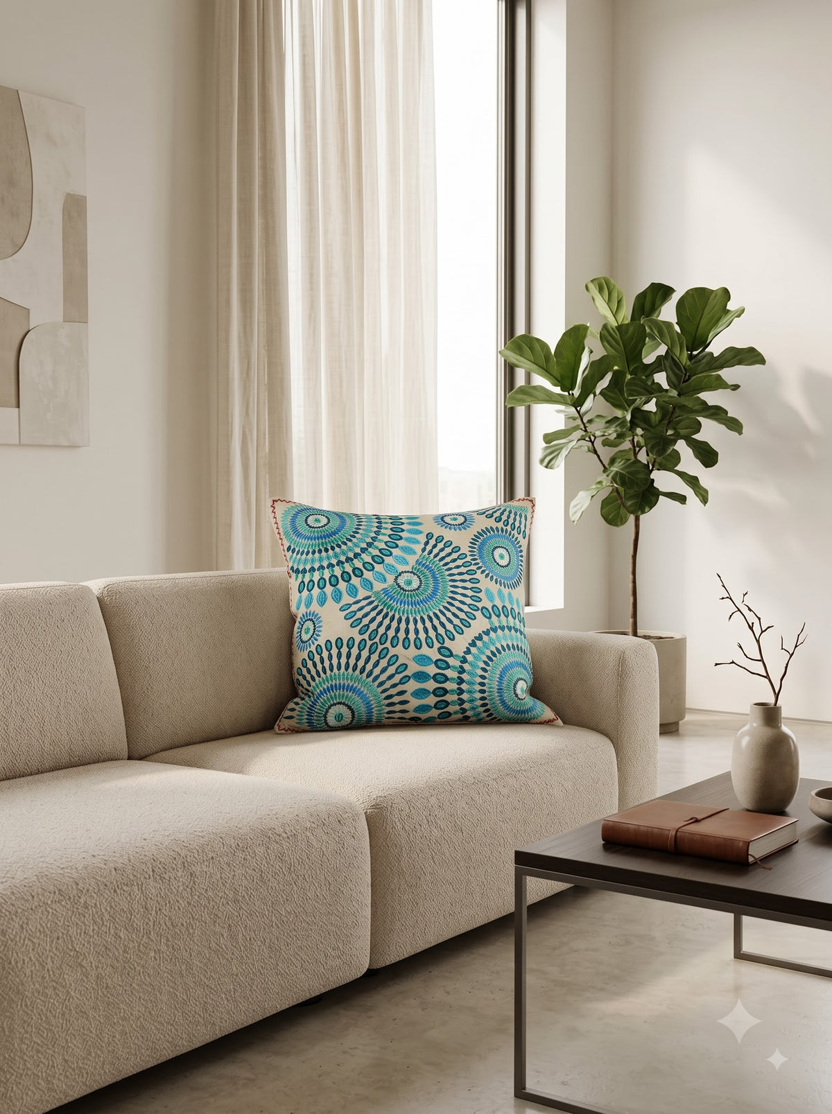 Blue Hand-Embroidered Cotton Bohemian Square Cushion Cover