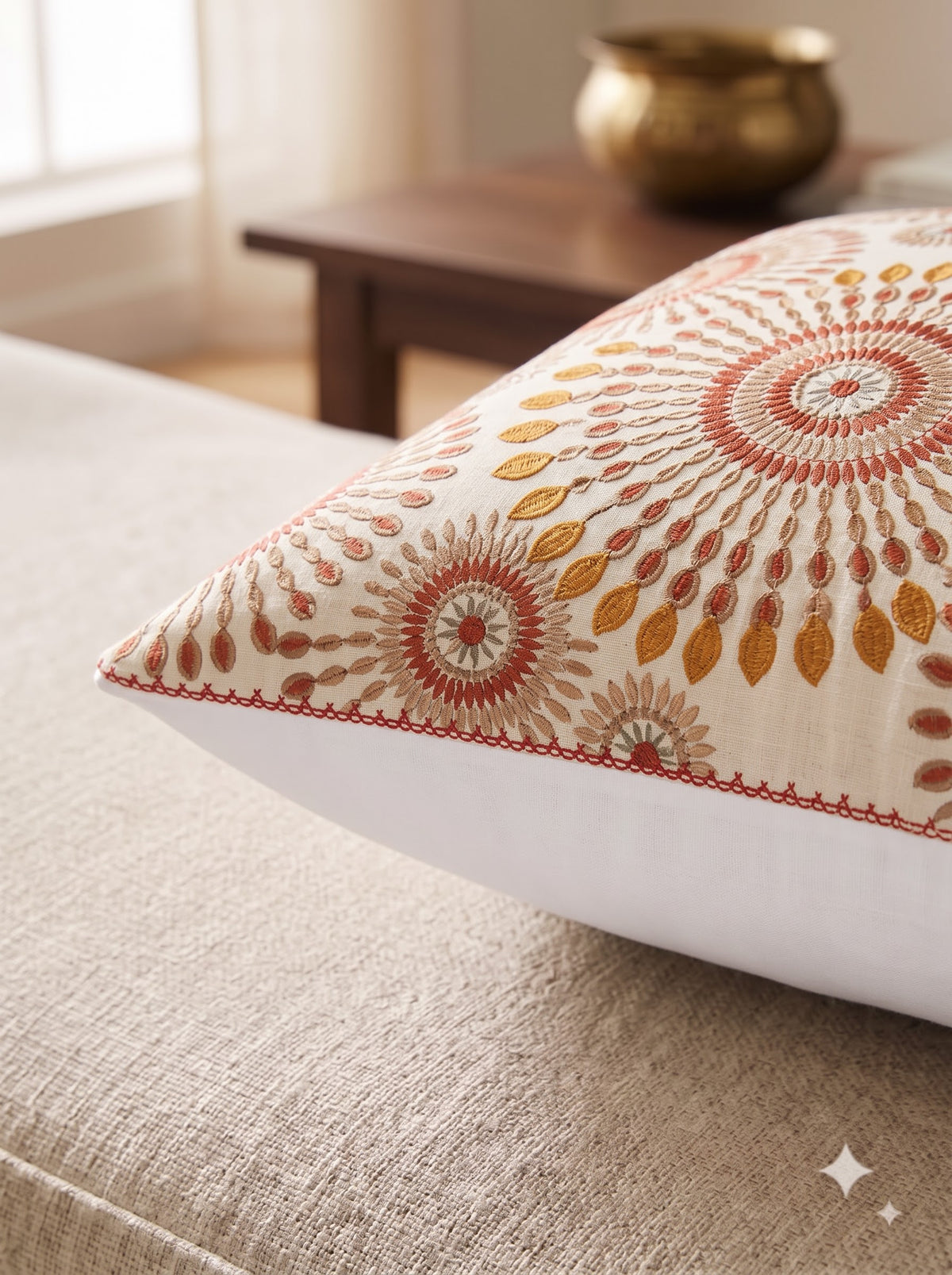 Orange Pure Cotton Floral Sunburst Embroidered Decorative Cushion Cover