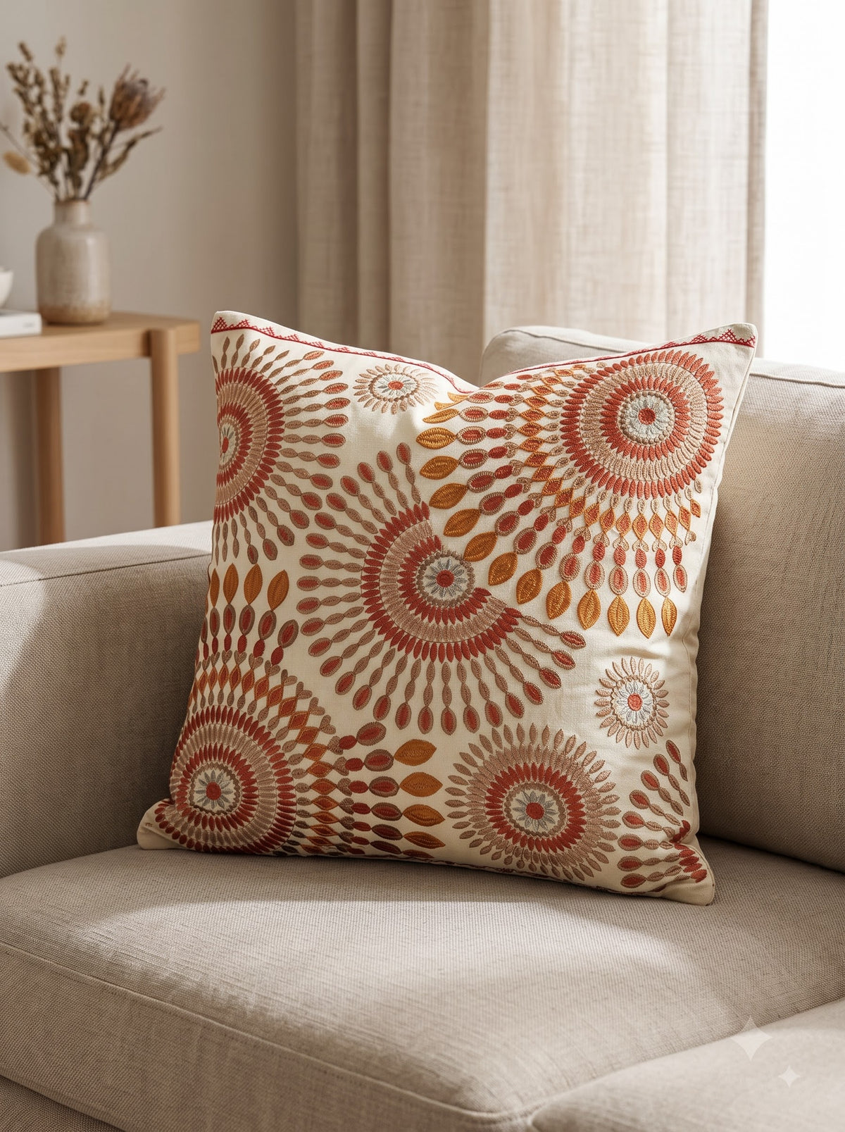 Orange Pure Cotton Floral Sunburst Embroidered Decorative Cushion Cover