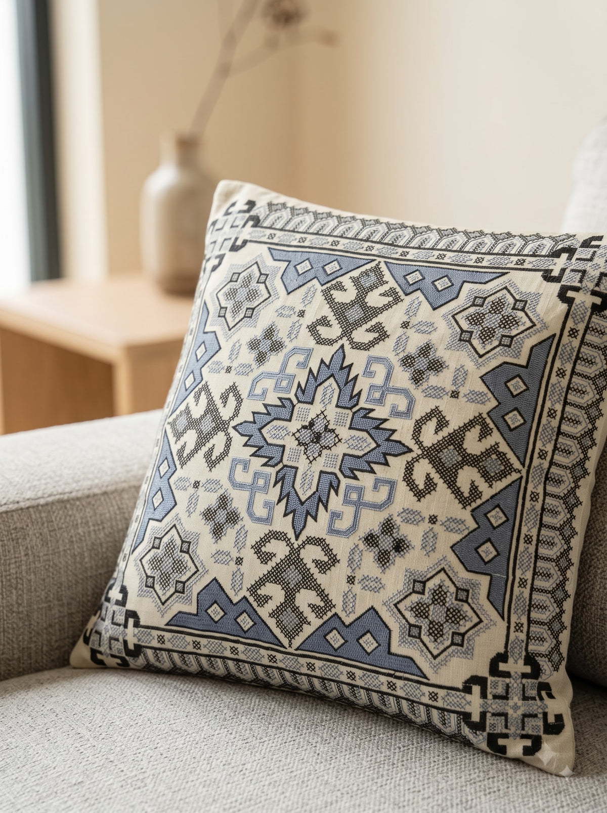 Grey Pure Cotton Tribal Geometric Embroidered Decorative Cushion Cover