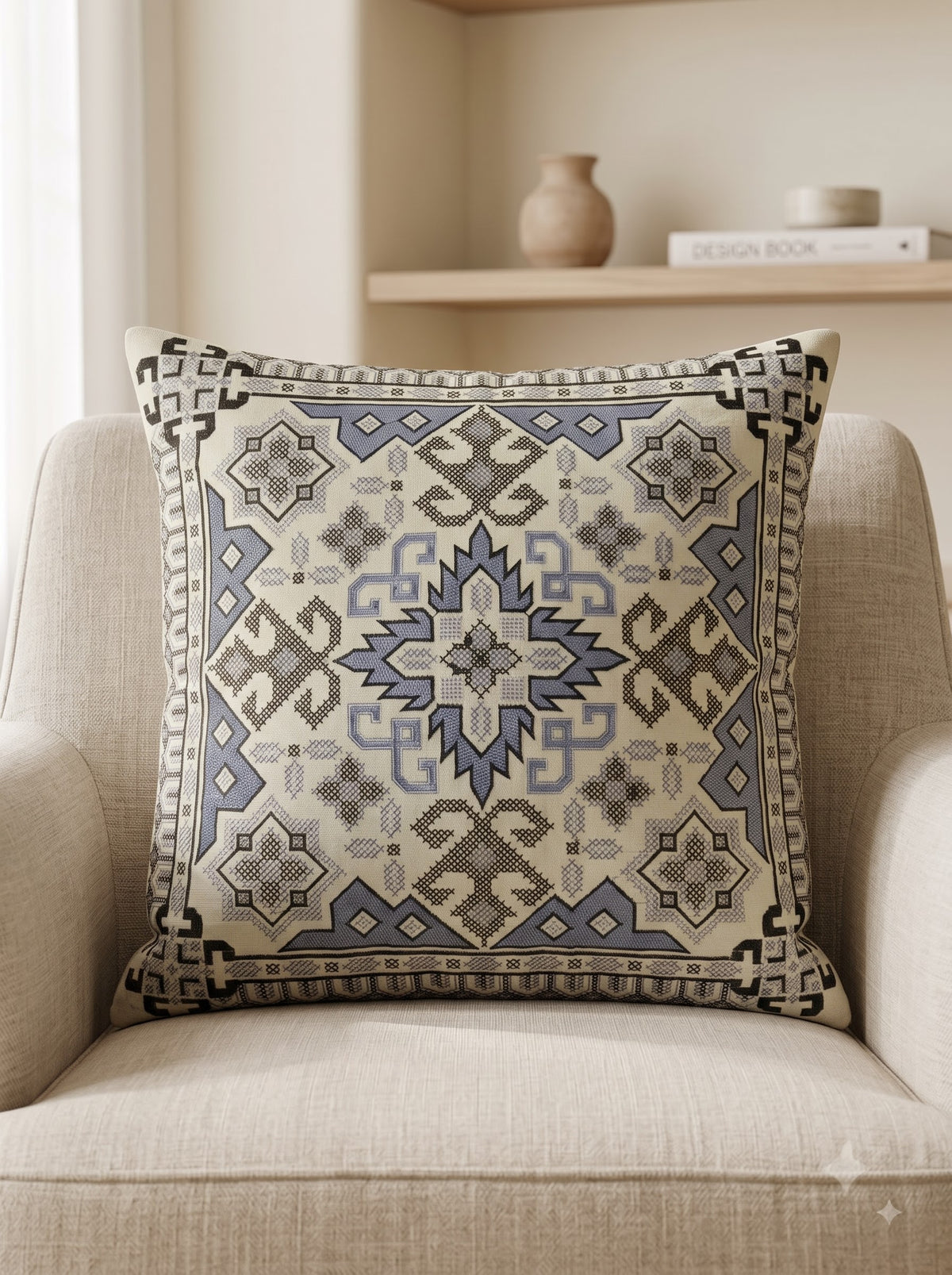 Grey Pure Cotton Tribal Geometric Embroidered Decorative Cushion Cover