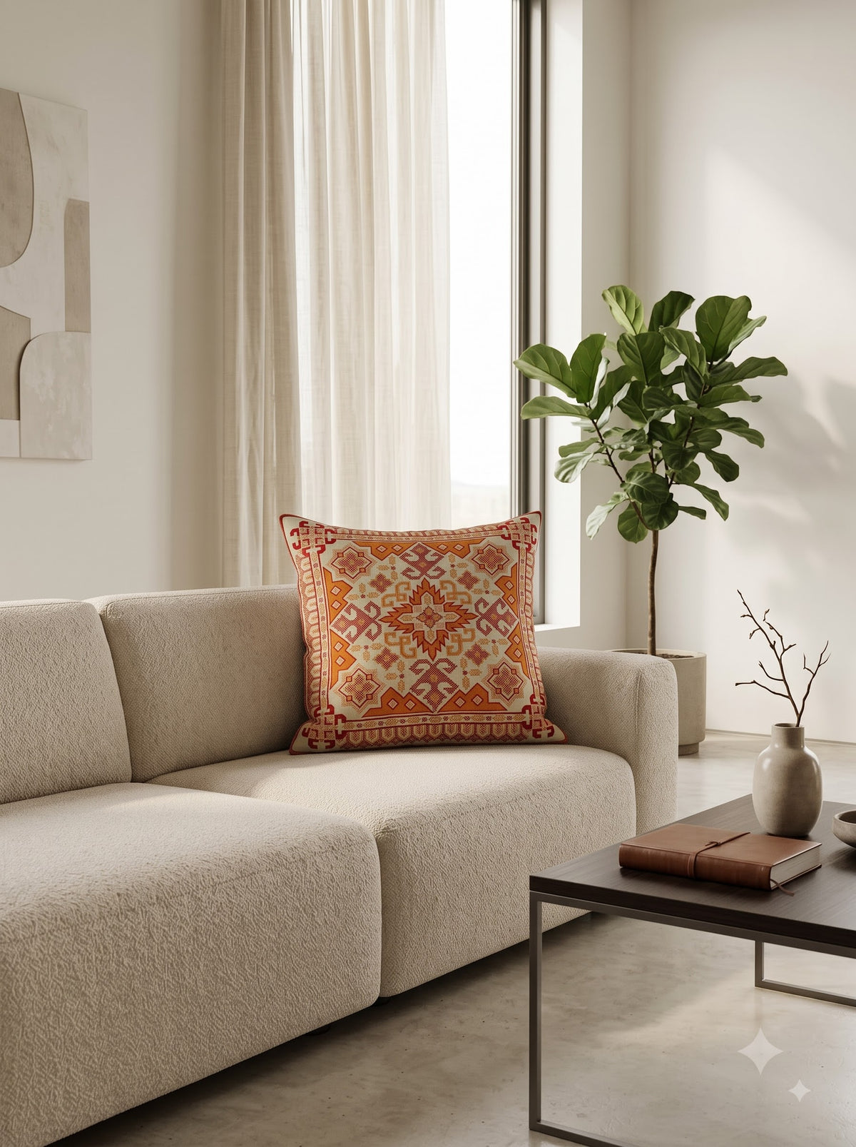 Orange Pure Cotton Vibrant Tribal Geometric Embroidered Decorative Cushion Cover