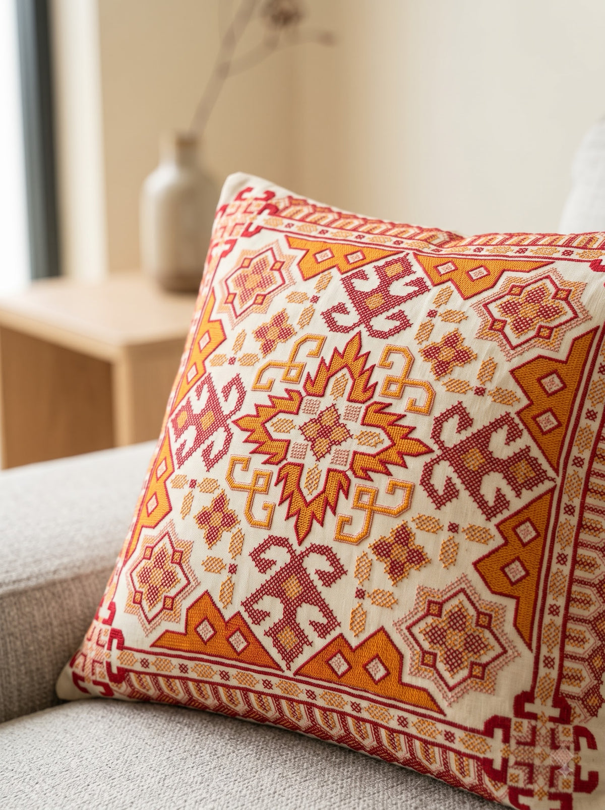 Orange Pure Cotton Vibrant Tribal Geometric Embroidered Decorative Cushion Cover
