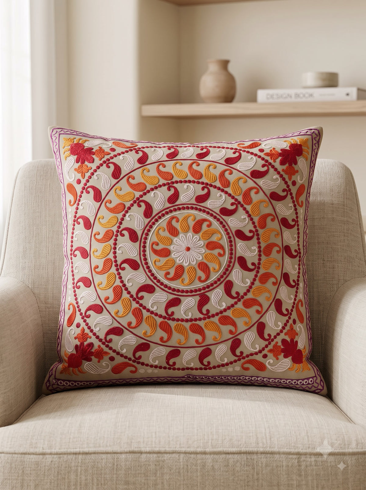 Multicolor Pure Cotton Paisley Mandala Embroidered Decorative Cushion Cover