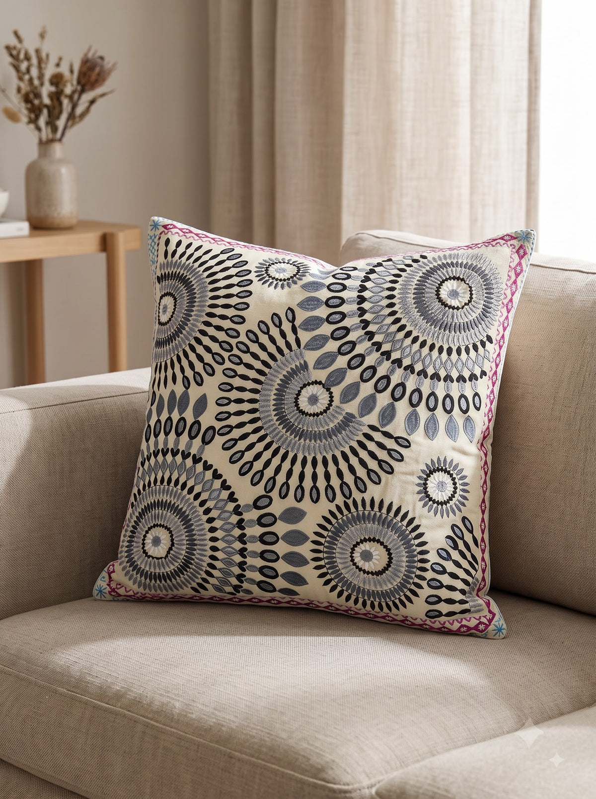 Grey Cotton Floral Sunburst Embroidered Decorative Cushion Cover