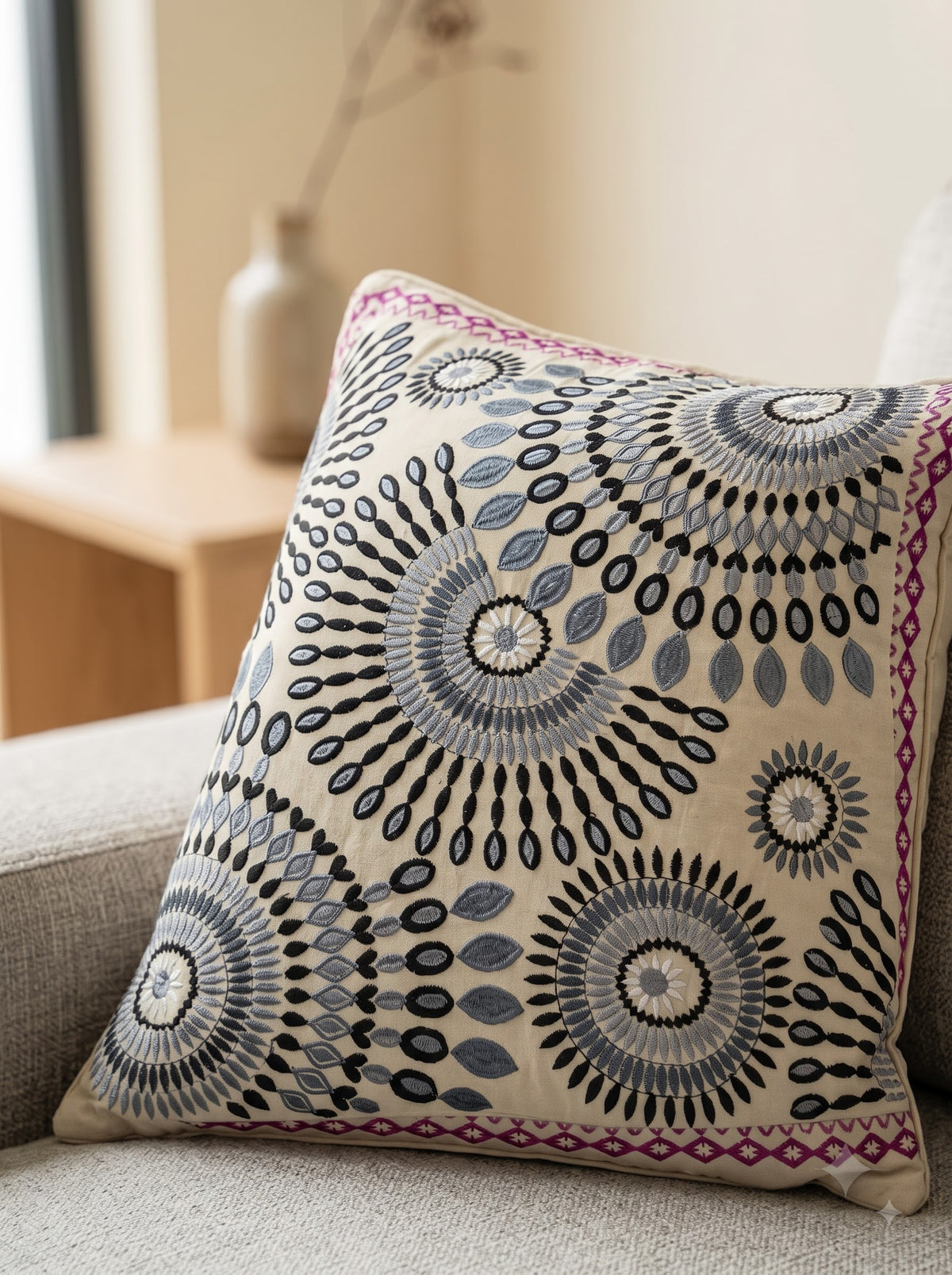 Grey Cotton Floral Sunburst Embroidered Decorative Cushion Cover