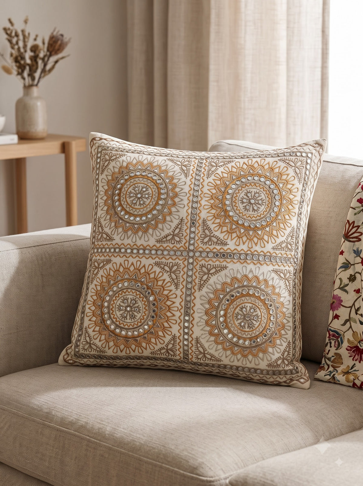 Mustard Cotton Mandala Tile Mirror Work Embroidered Decorative Cushion Cover