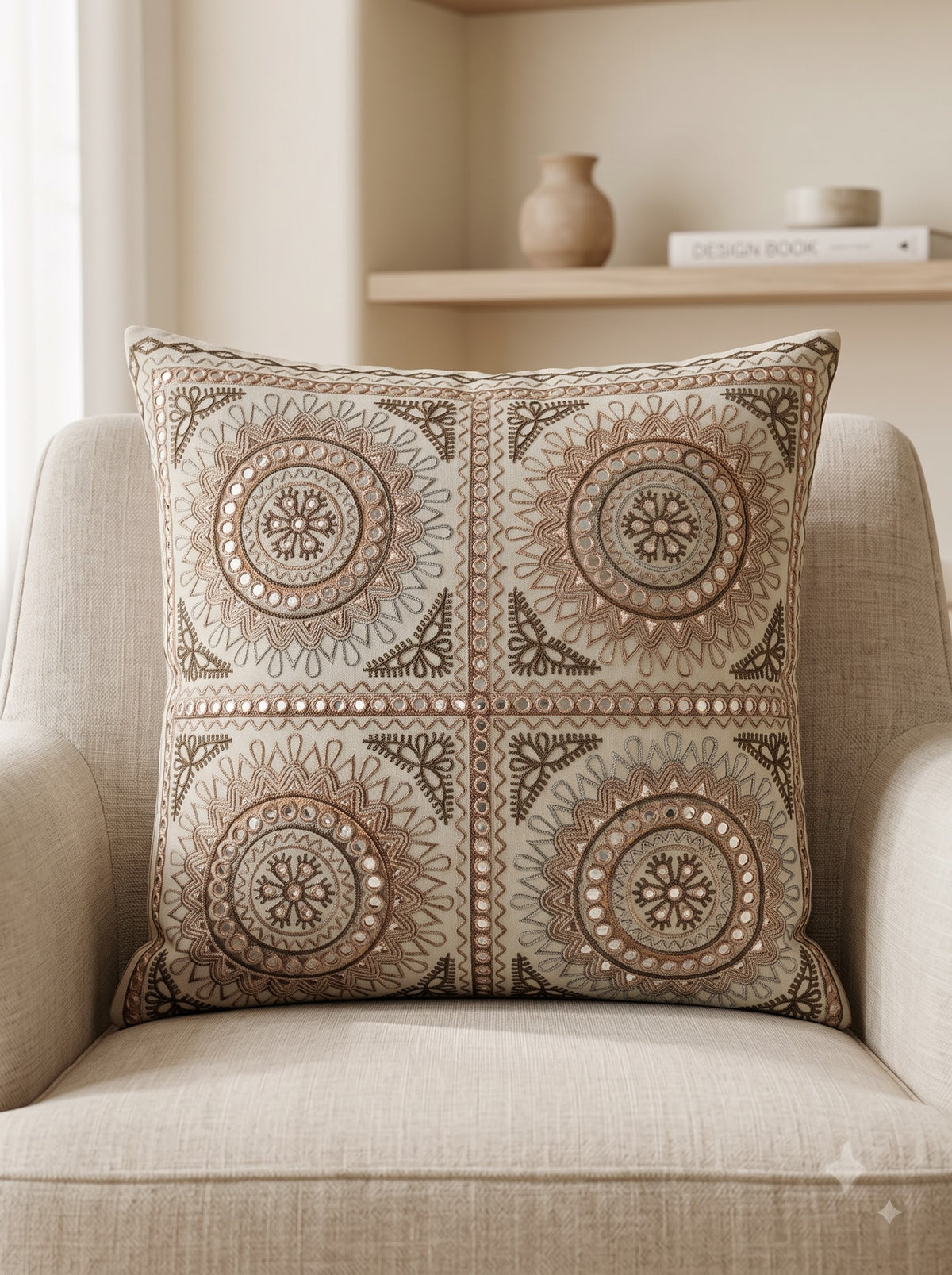 Beige Cotton Mandala Tile Mirror Work Embroidered Decorative Cushion Cover