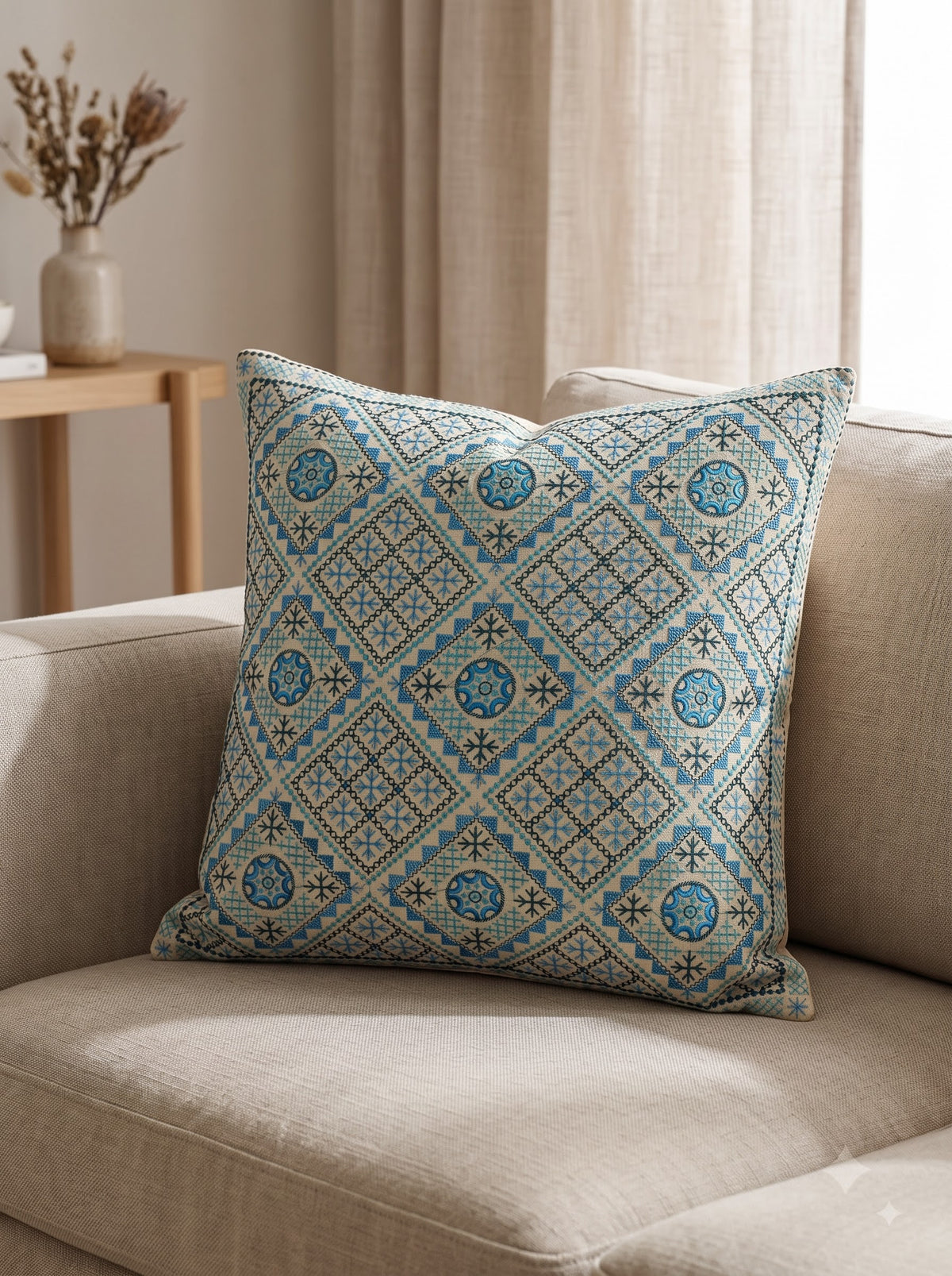 Blue Cotton Tribal Geometric Embroidered Decorative Cushion Cover