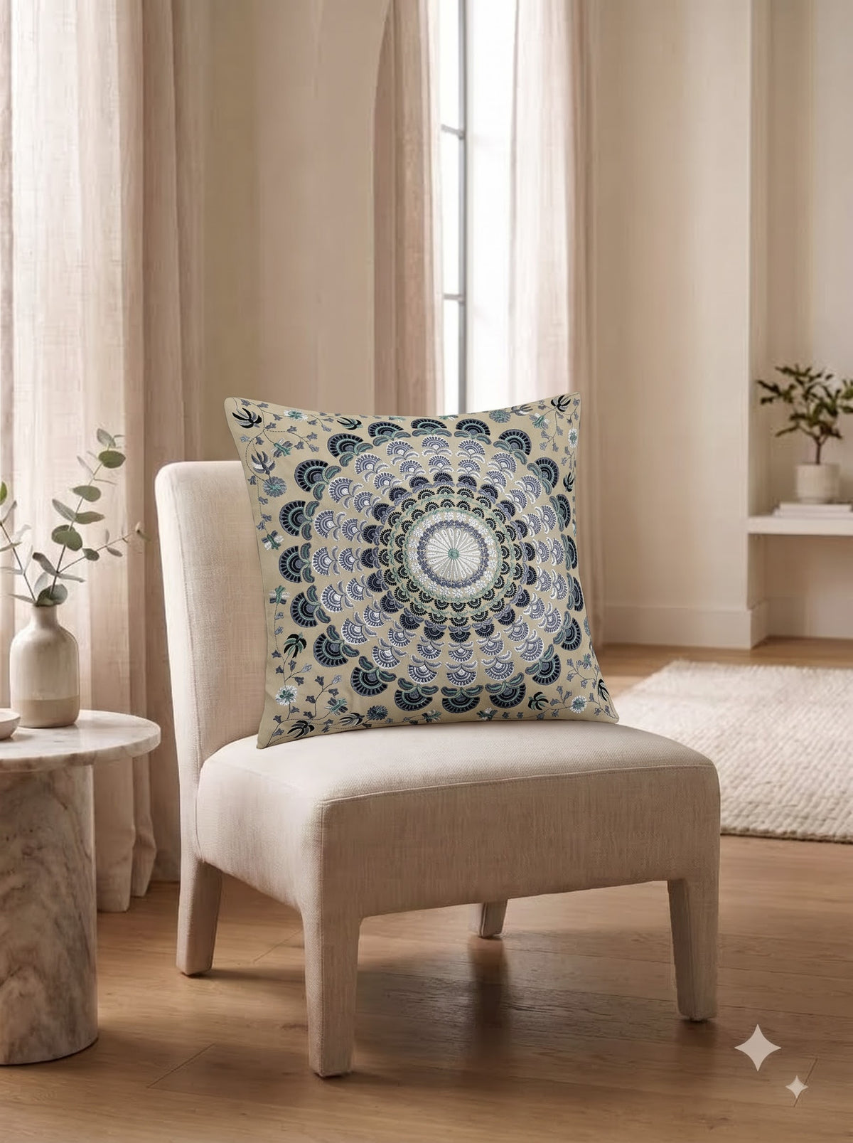 Off White Cotton Scalloped Mandala Floral Embroidered Decorative Cushion Cover