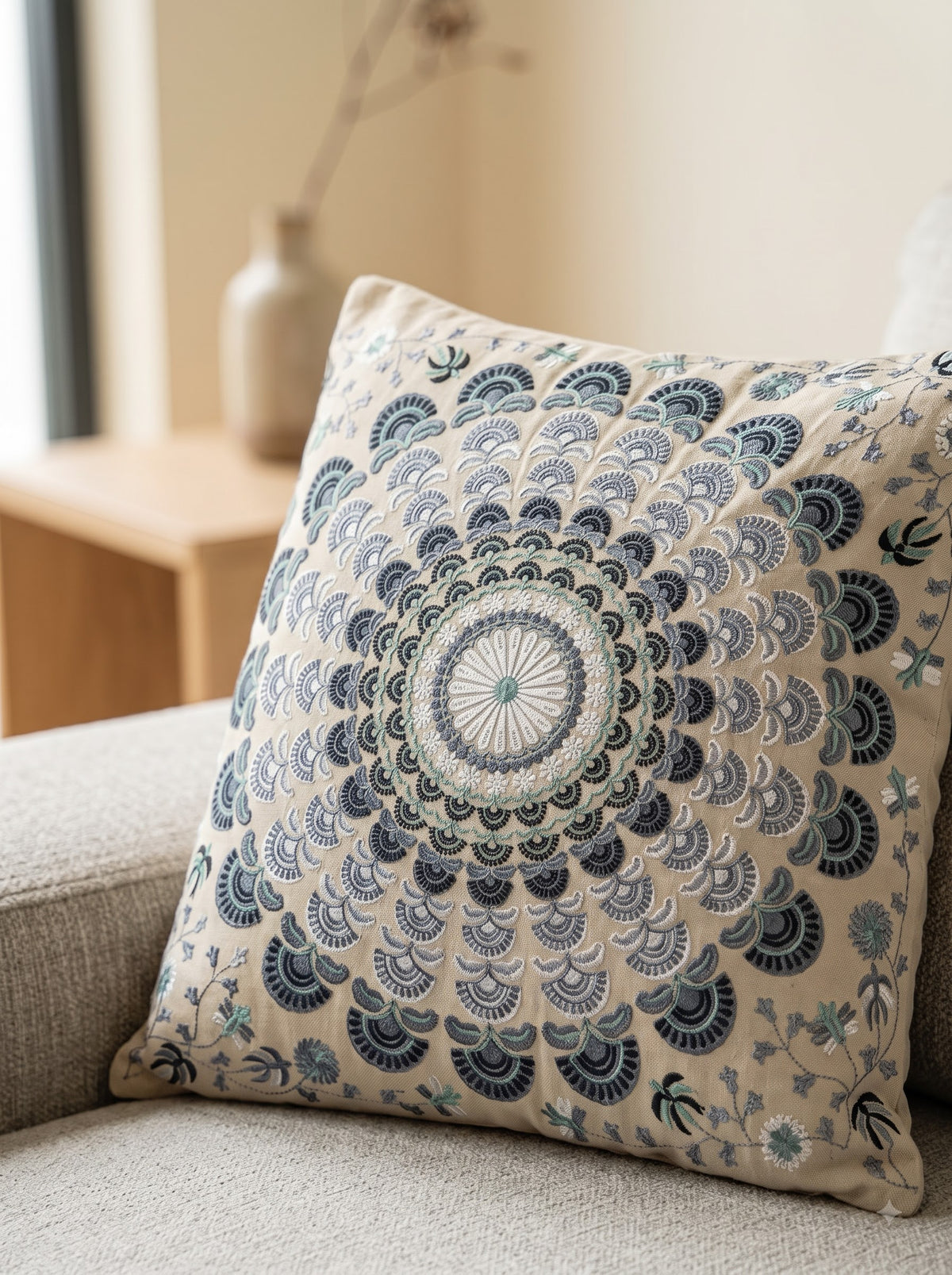 Off White Cotton Scalloped Mandala Floral Embroidered Decorative Cushion Cover